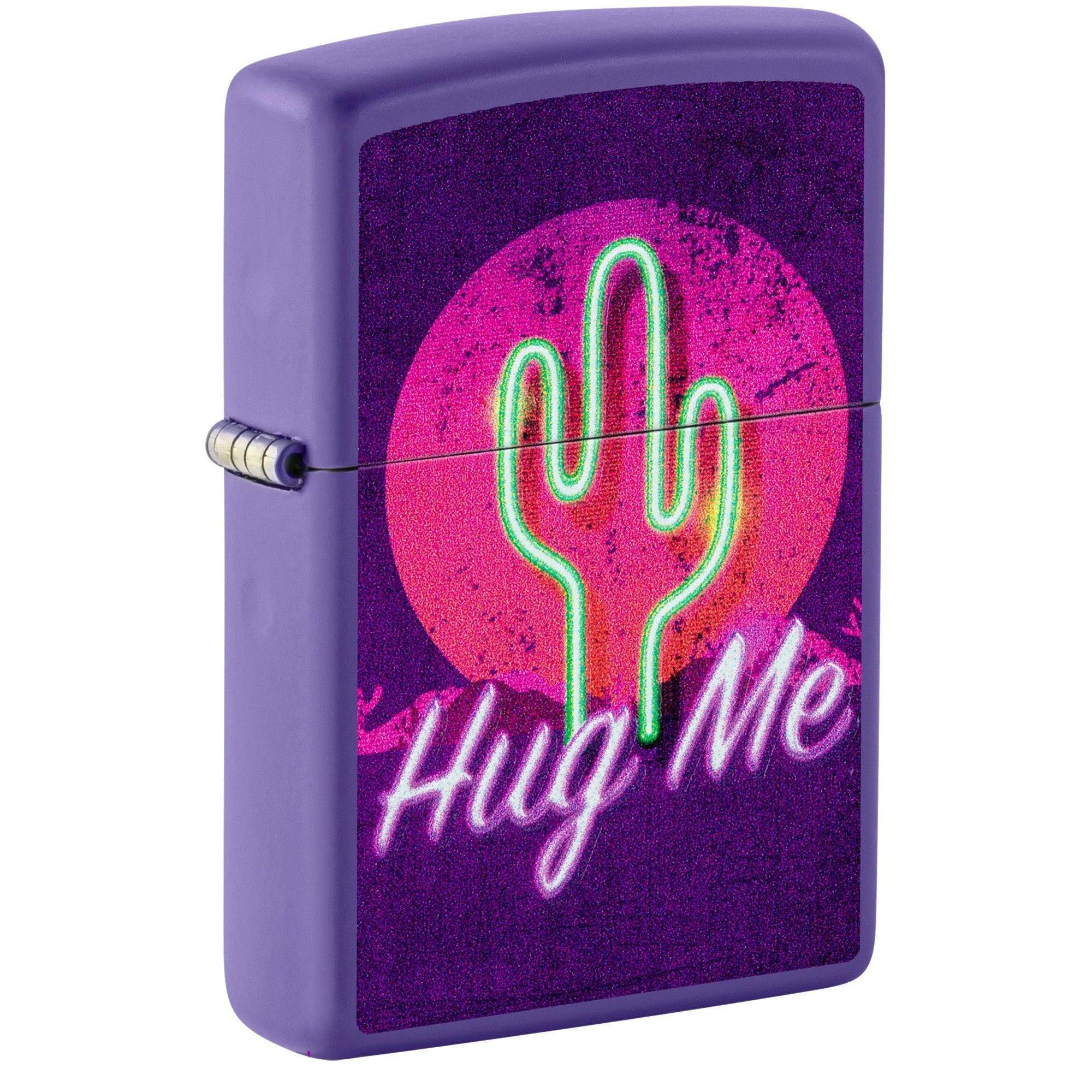 Zippo Lighter: Retro Cactus, Hug Me with Blacklight - Purple Matte 46085