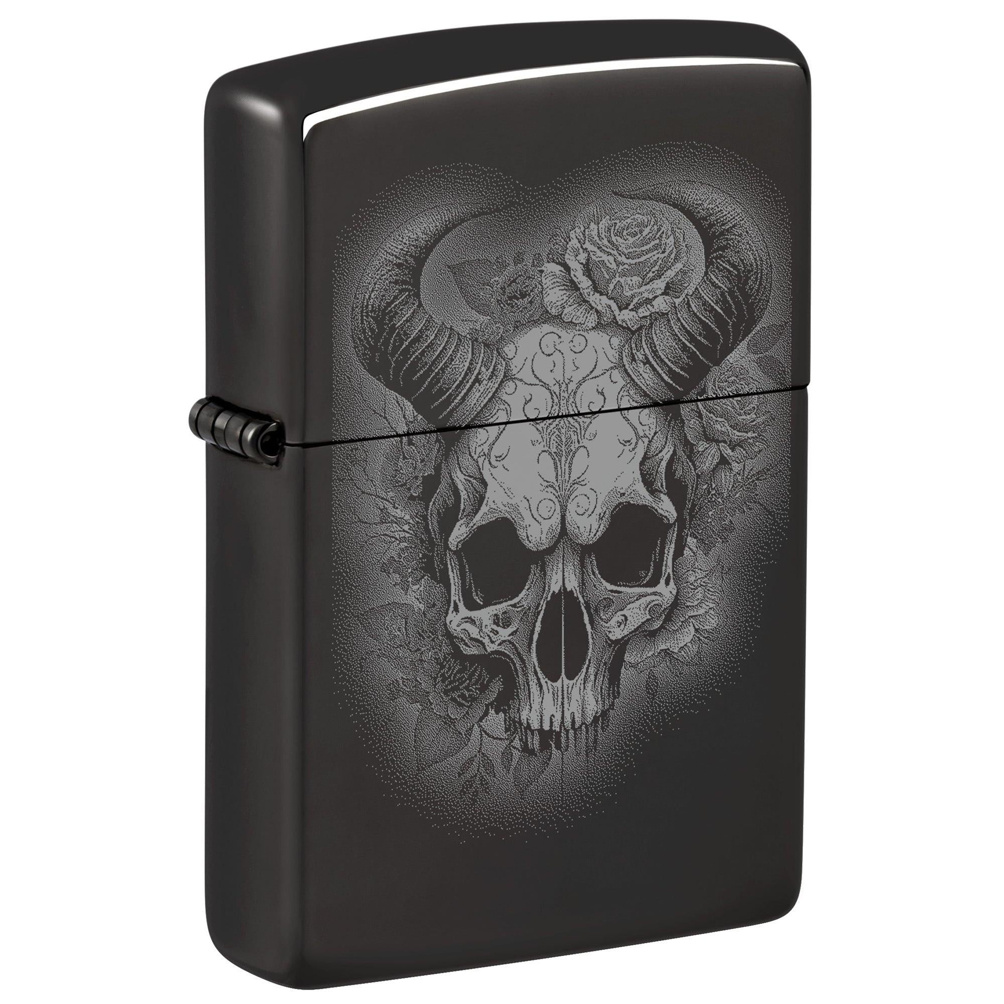 Zippo Lighter: Skull with Horns, Photo Image - High Polish Black 46107