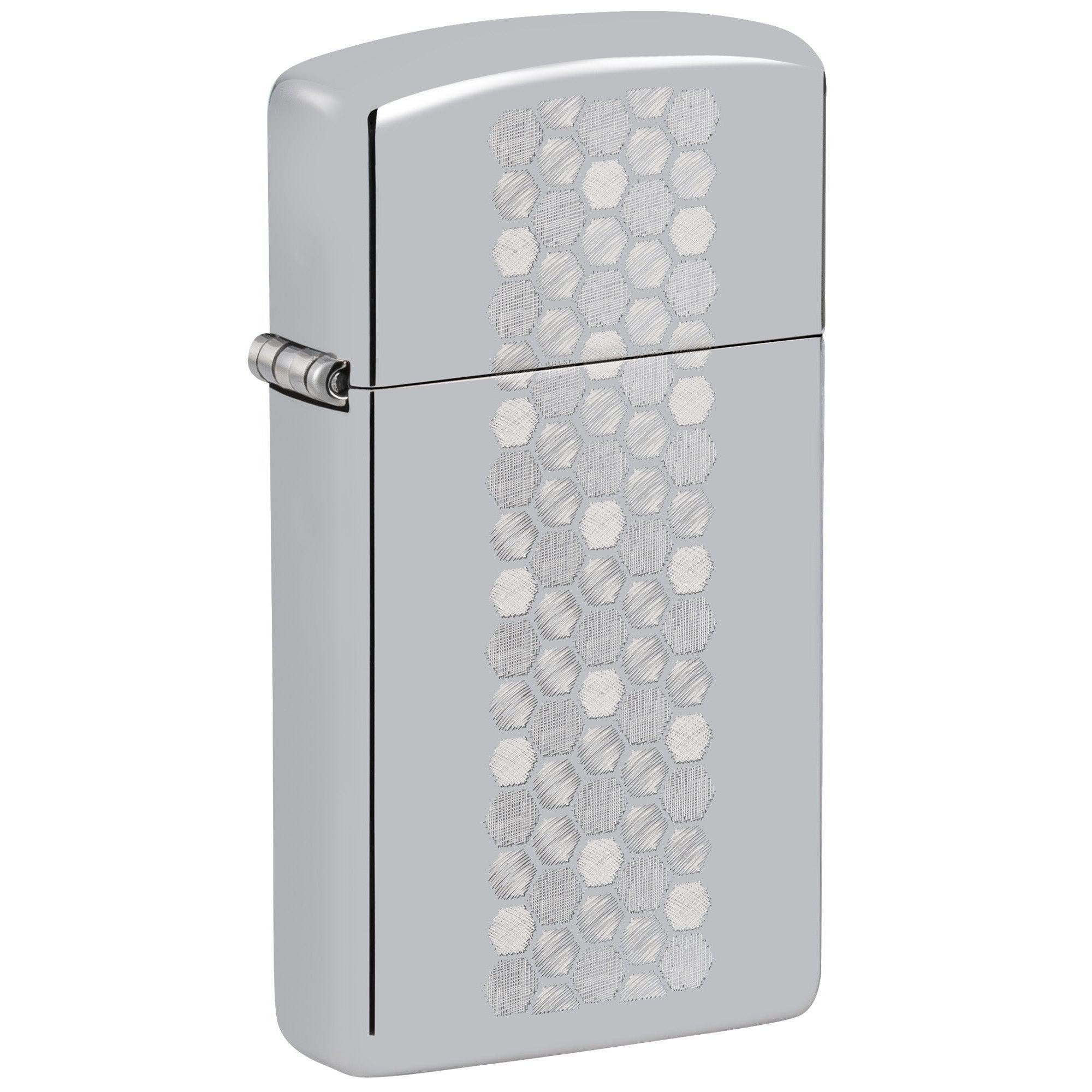 Zippo Lighter: Slim, Honeycomb Design, Engraved - High Polish Chrome 46270