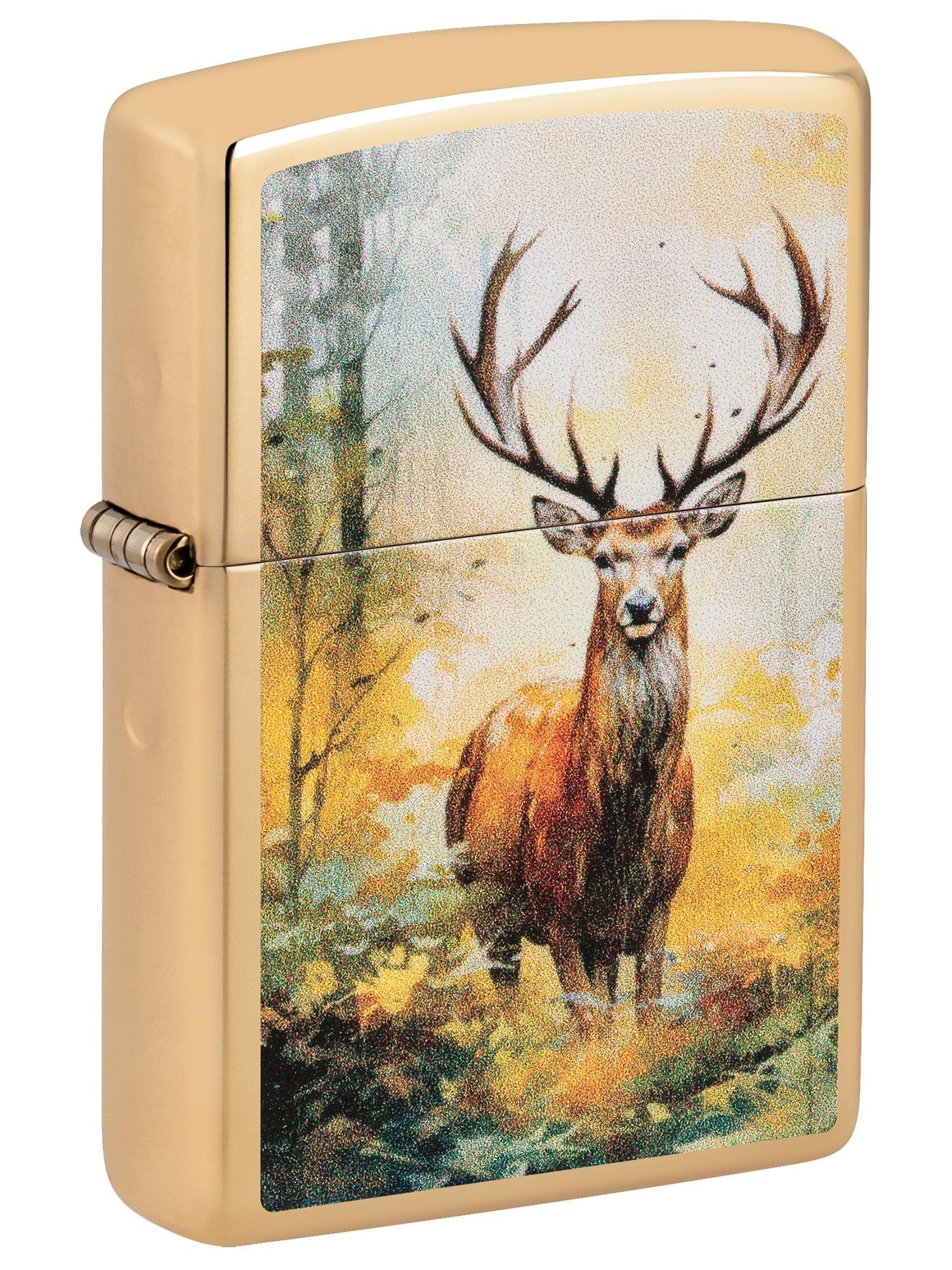 Zippo Lighter: Deer in the Woods - High Polish Brass 46339