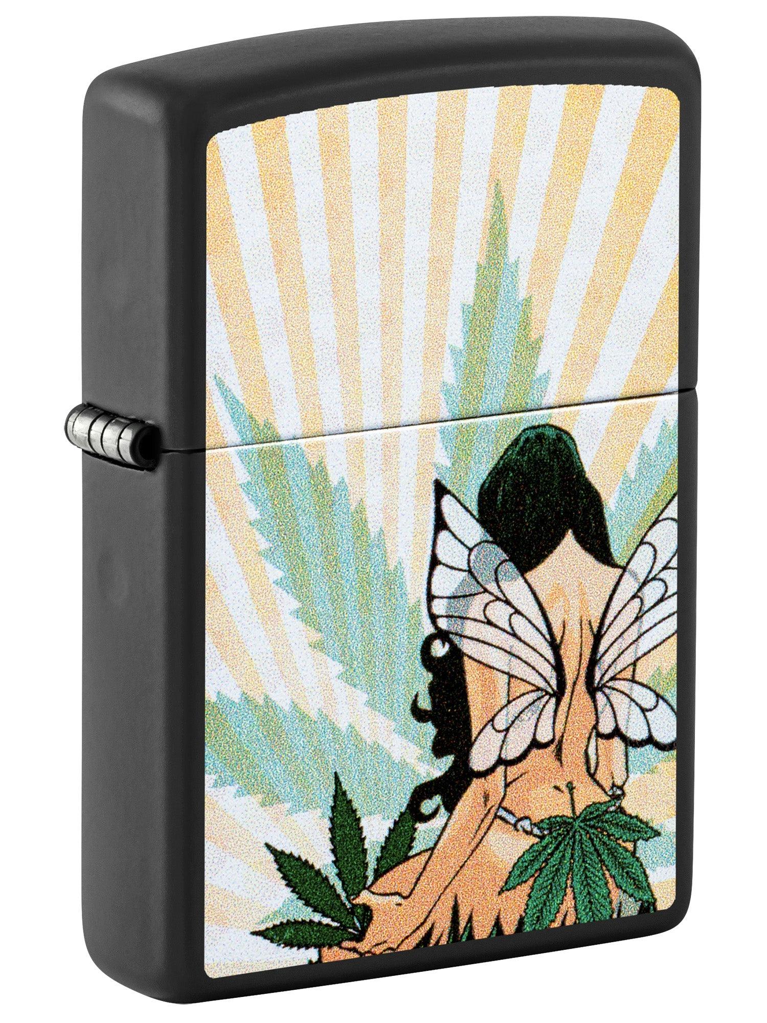 Zippo Lighter: Fairy with Weed Leaf - Black Matte 46576