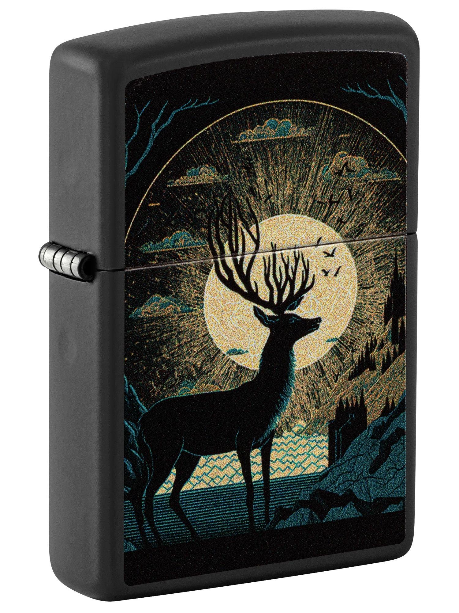 Zippo Lighter: Deer and Sun Design - Black Matte 46615