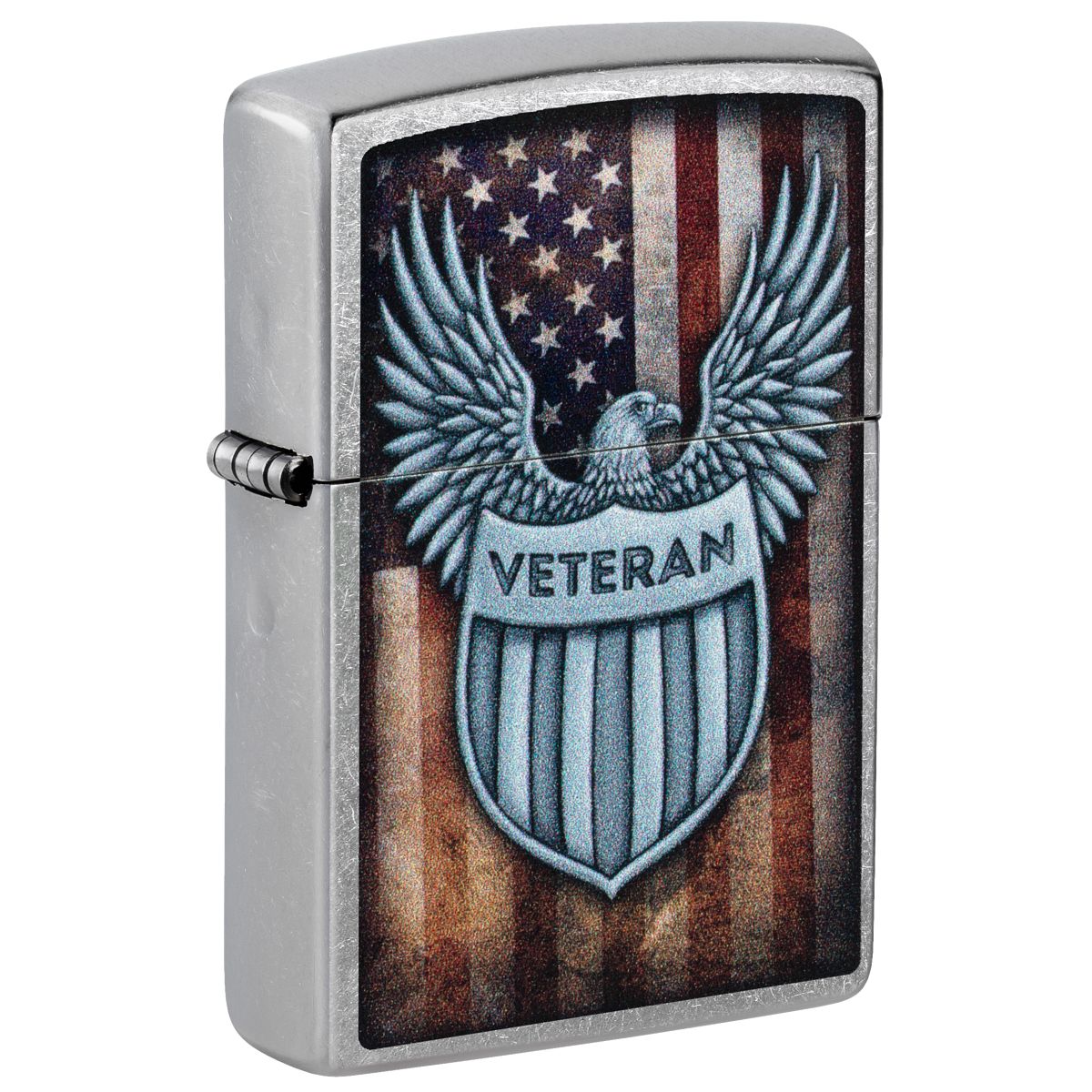 Zippo Lighter: Veteran Crest and American Flag - Street Chrome 46824