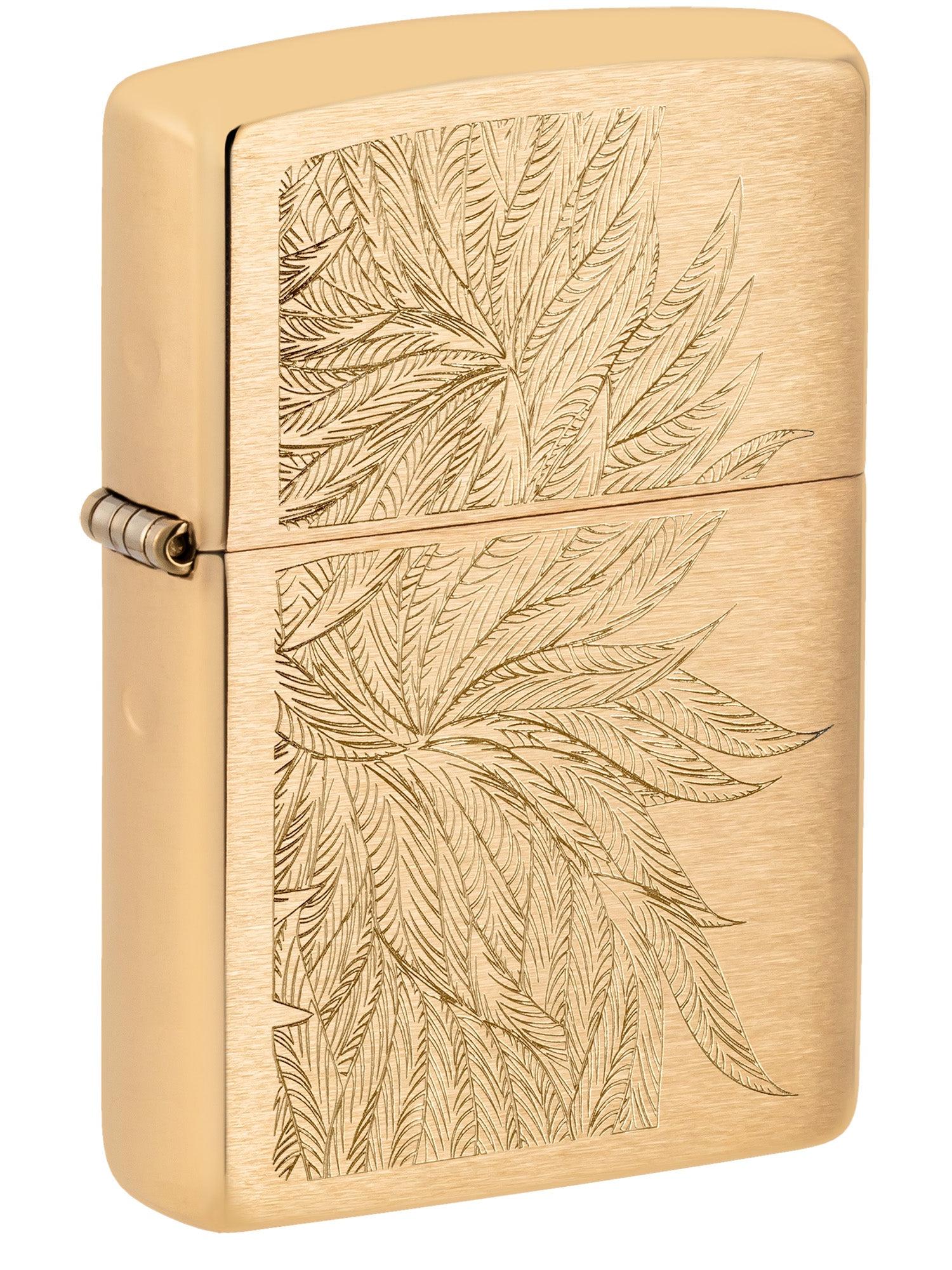 Zippo Lighter: Lush Weed Leaves, Engraved - Brushed Brass 46826