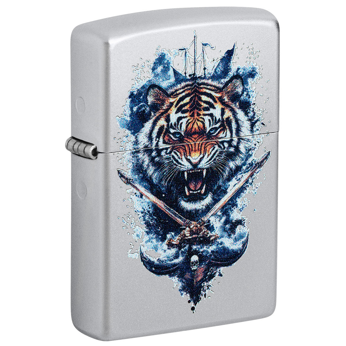 Zippo Lighter: Tiger Crest Design - Satin Chrome 47020