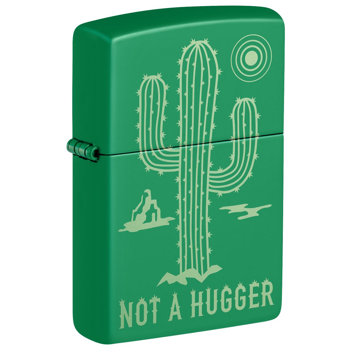 Zippo Lighter: Cactus,Not a Hugger, Engraved - Grass Green Matte 47150