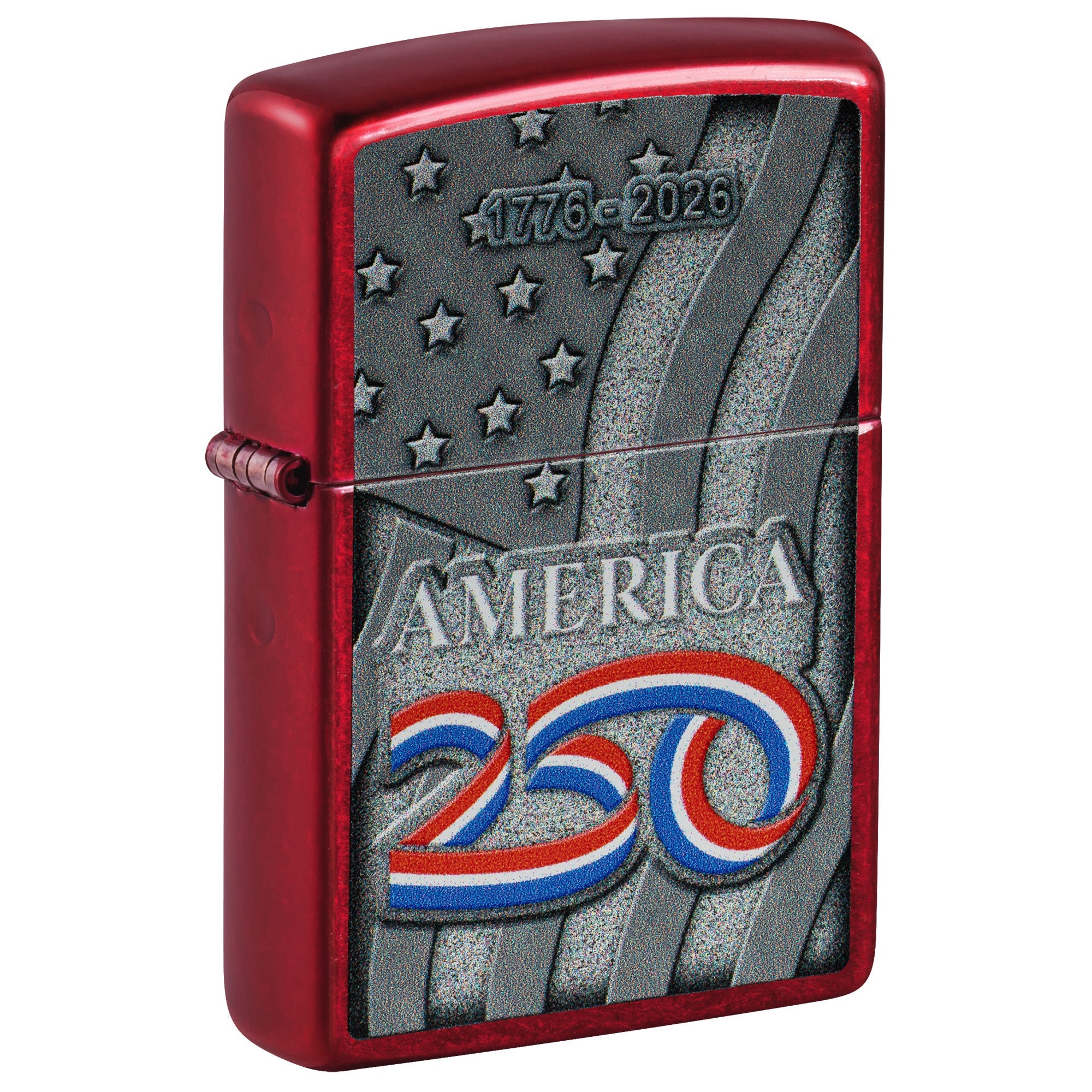 Zippo Lighter: USA 250th, Stars and Stripes Design - Candy Apple Red 47290