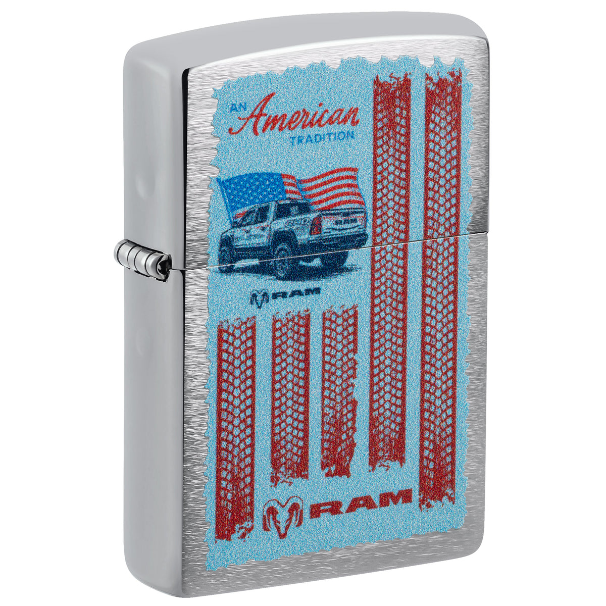 Zippo Lighter: Ram Truck with Flag Design - Brushed Chrome 47407