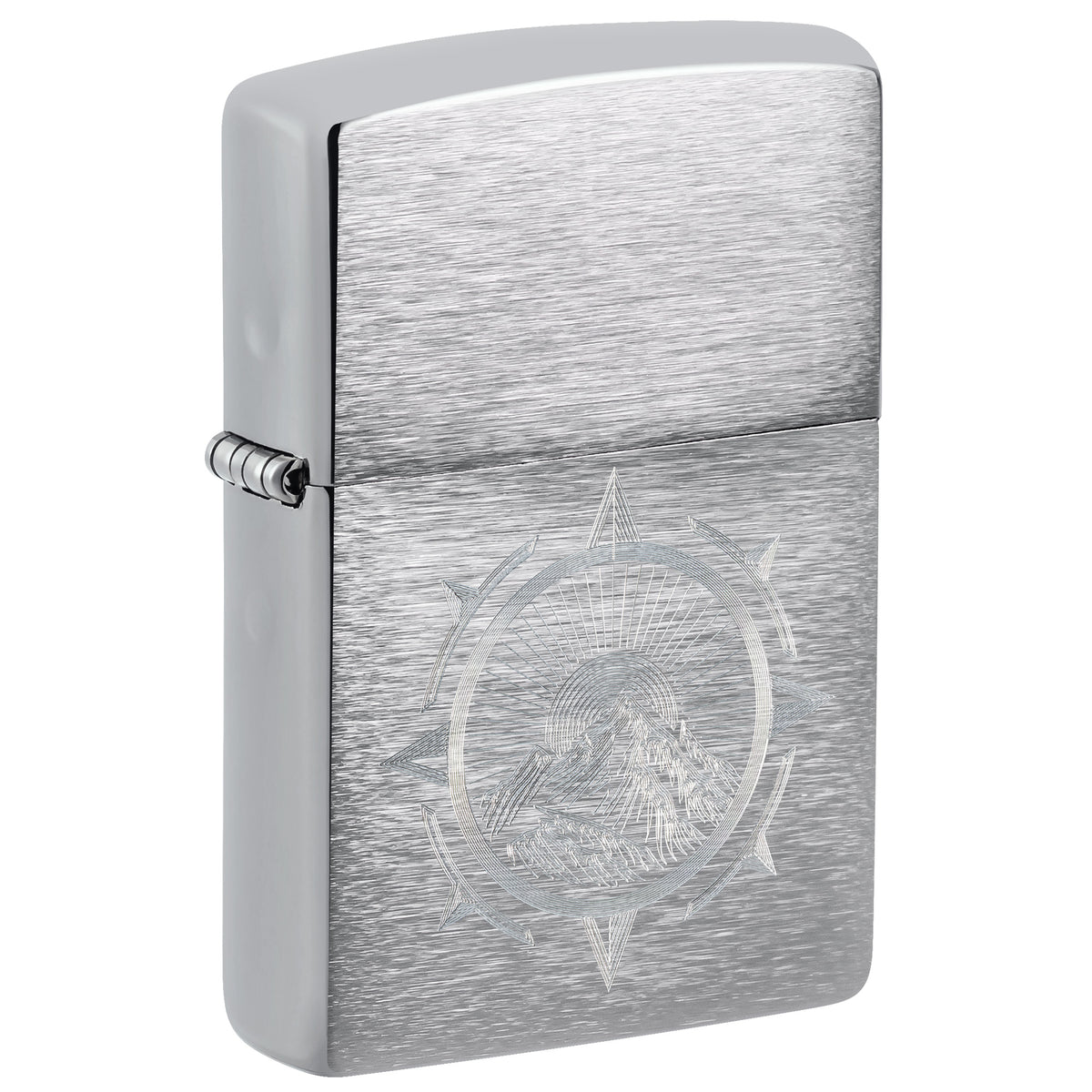Zippo Lighter: Mountains Compass Design - Brushed Chrome 47455