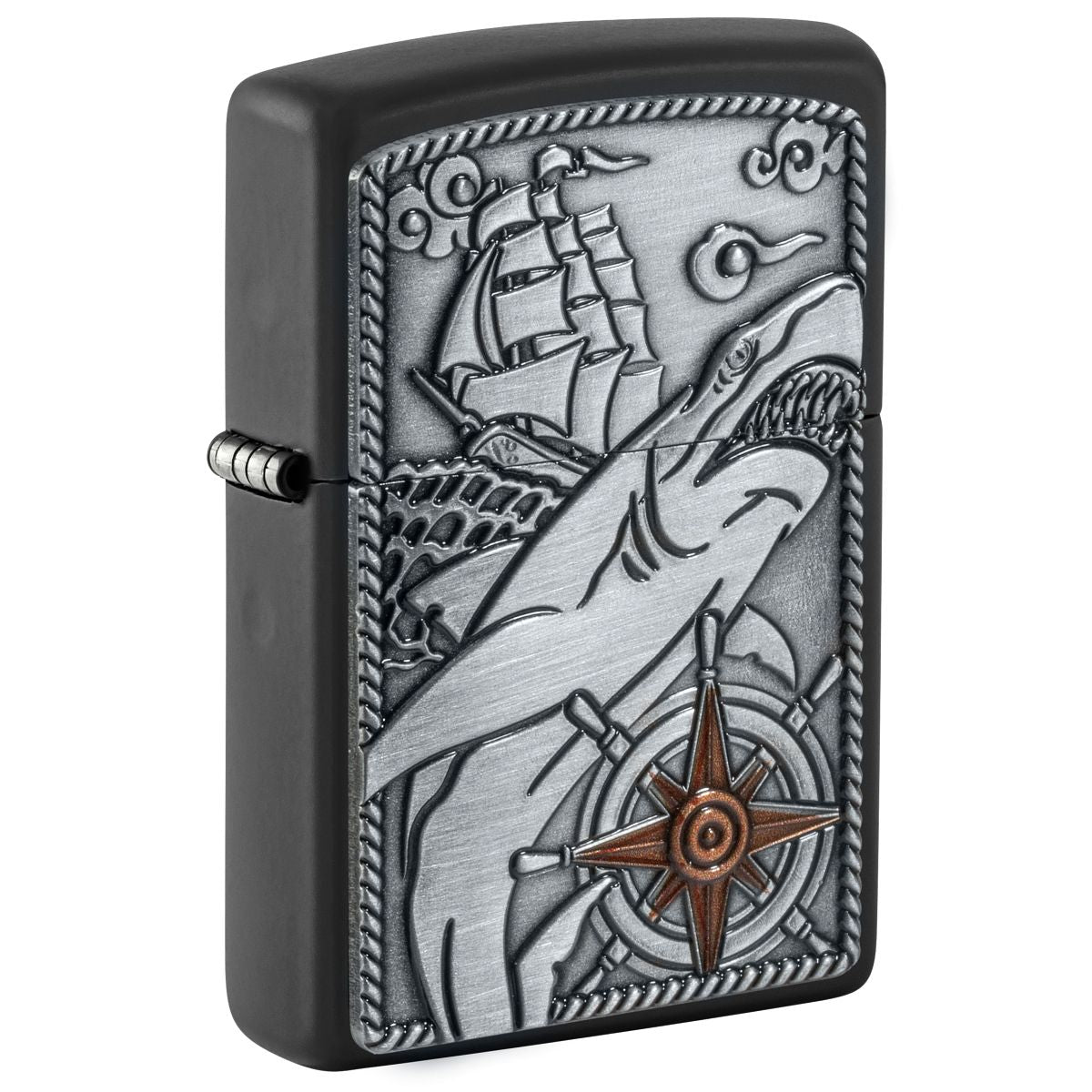 Zippo Lighter: Ship and Shark Emblem - Black Matte 48120