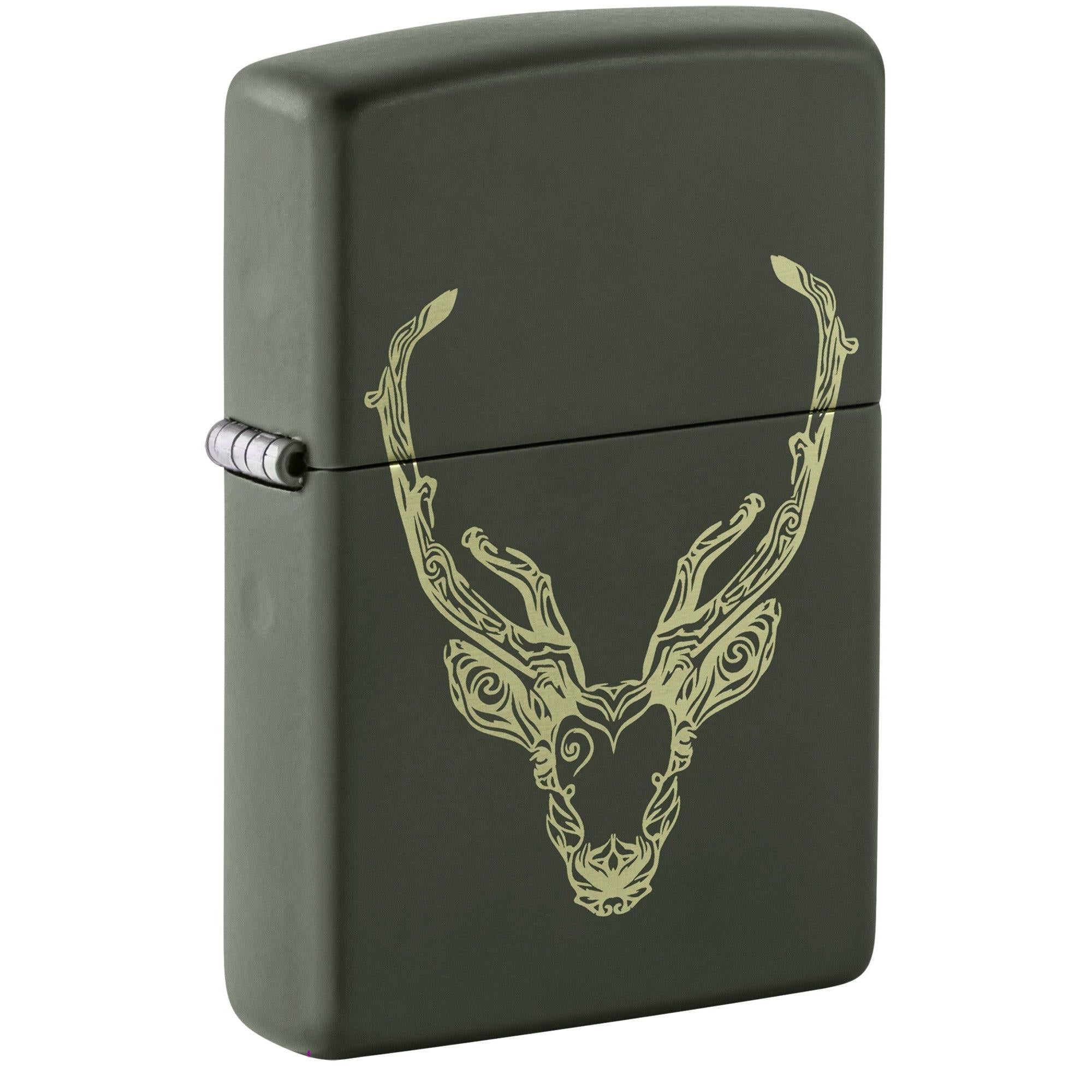 Zippo Lighter: Engraved Abstract Deer Design - Green Matte 48857