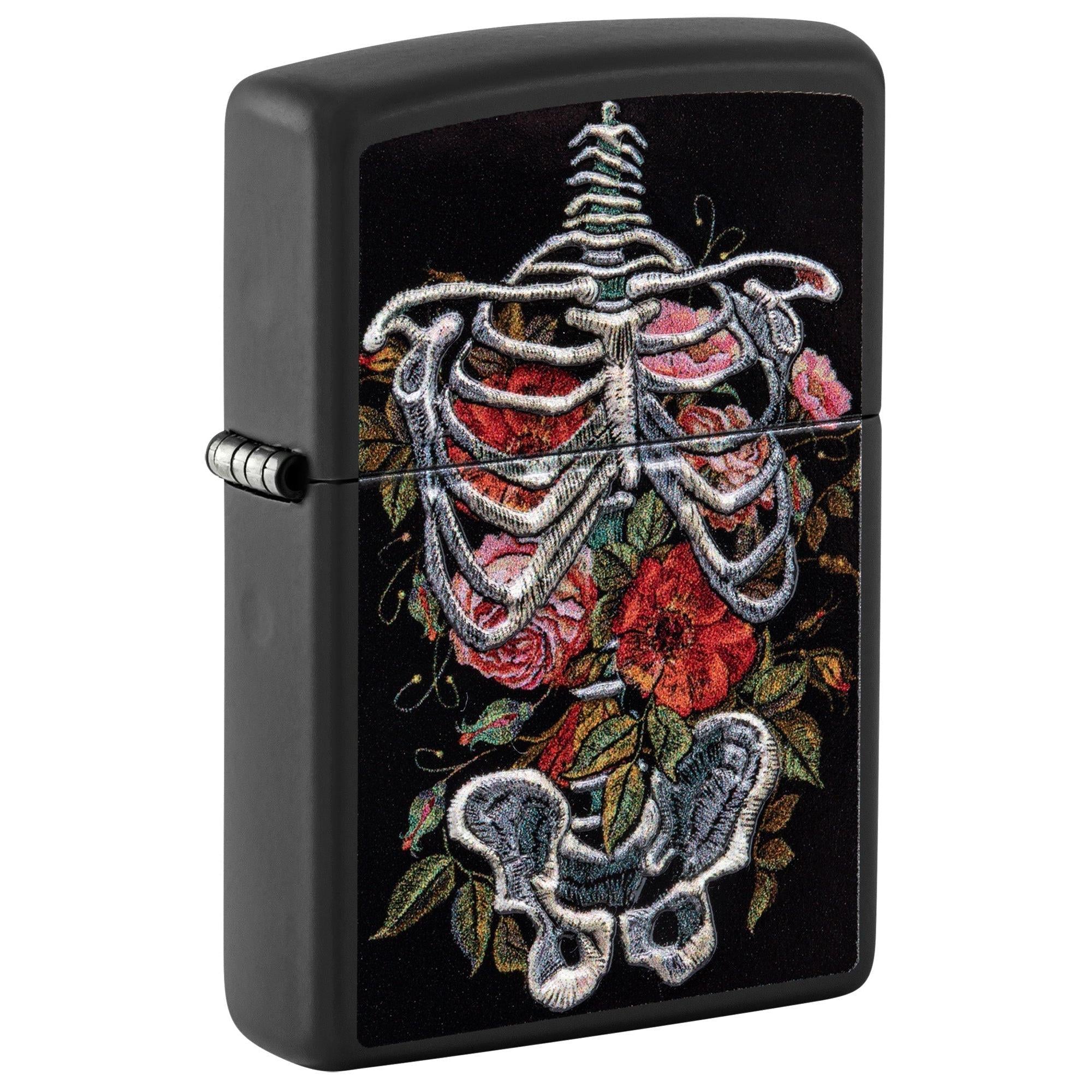 Zippo Lighter: Floral Skeleton, Raised Print - Black Matte 48877