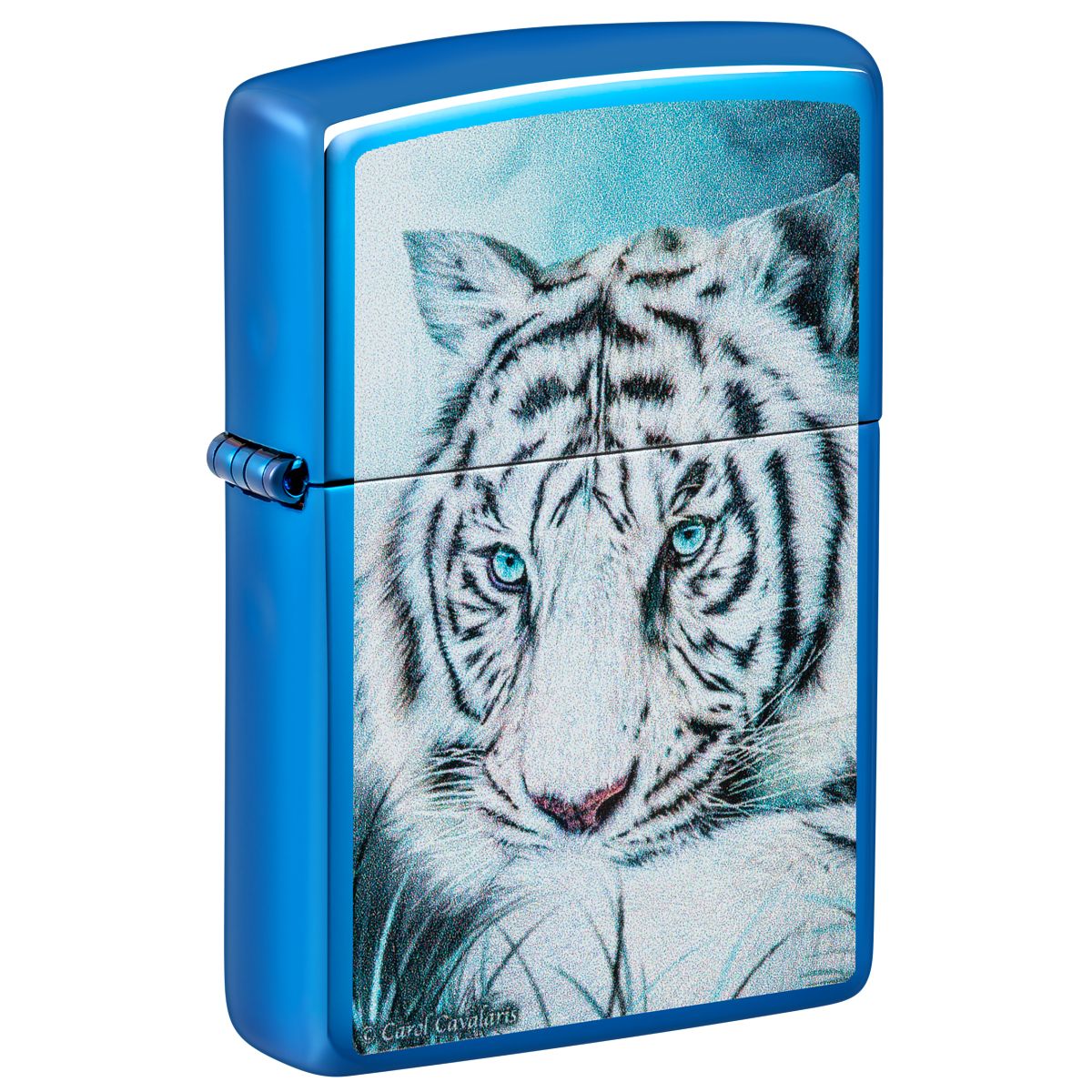 Zippo Lighter: White Tiger, Spirit of Sensuality by Carol Cavalaris - High Polish Blue 48951
