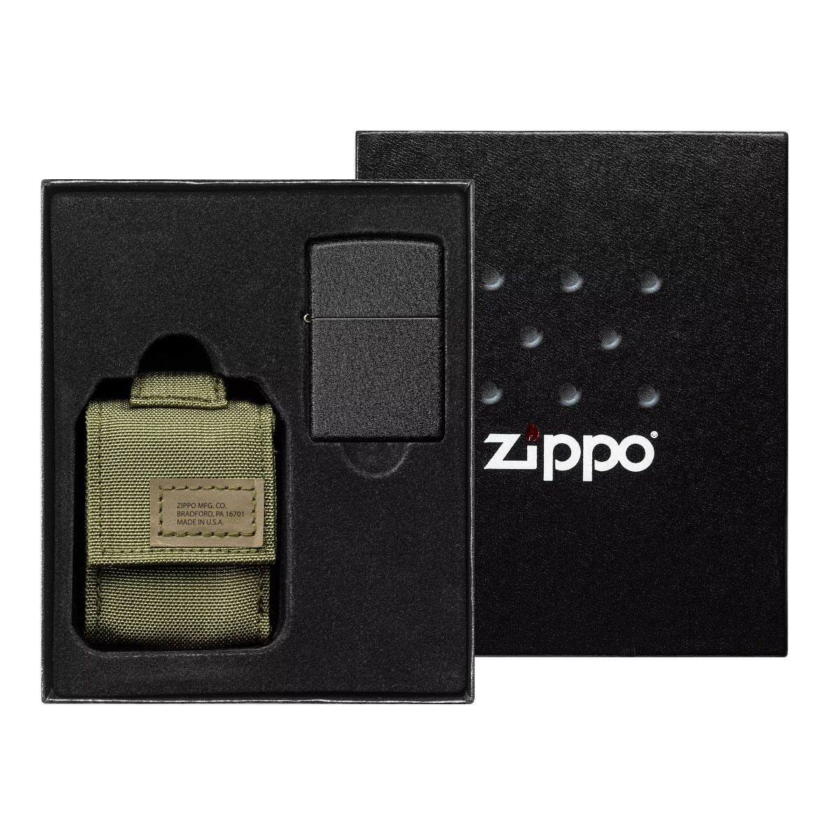 Zippo Black Crackle Lighter and Green MOLLE Pouch - 49400