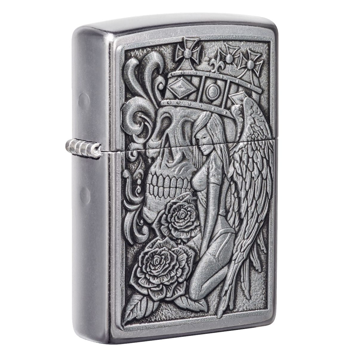 Zippo Lighter: Skull and Angel Emblem - Street Chrome 49442