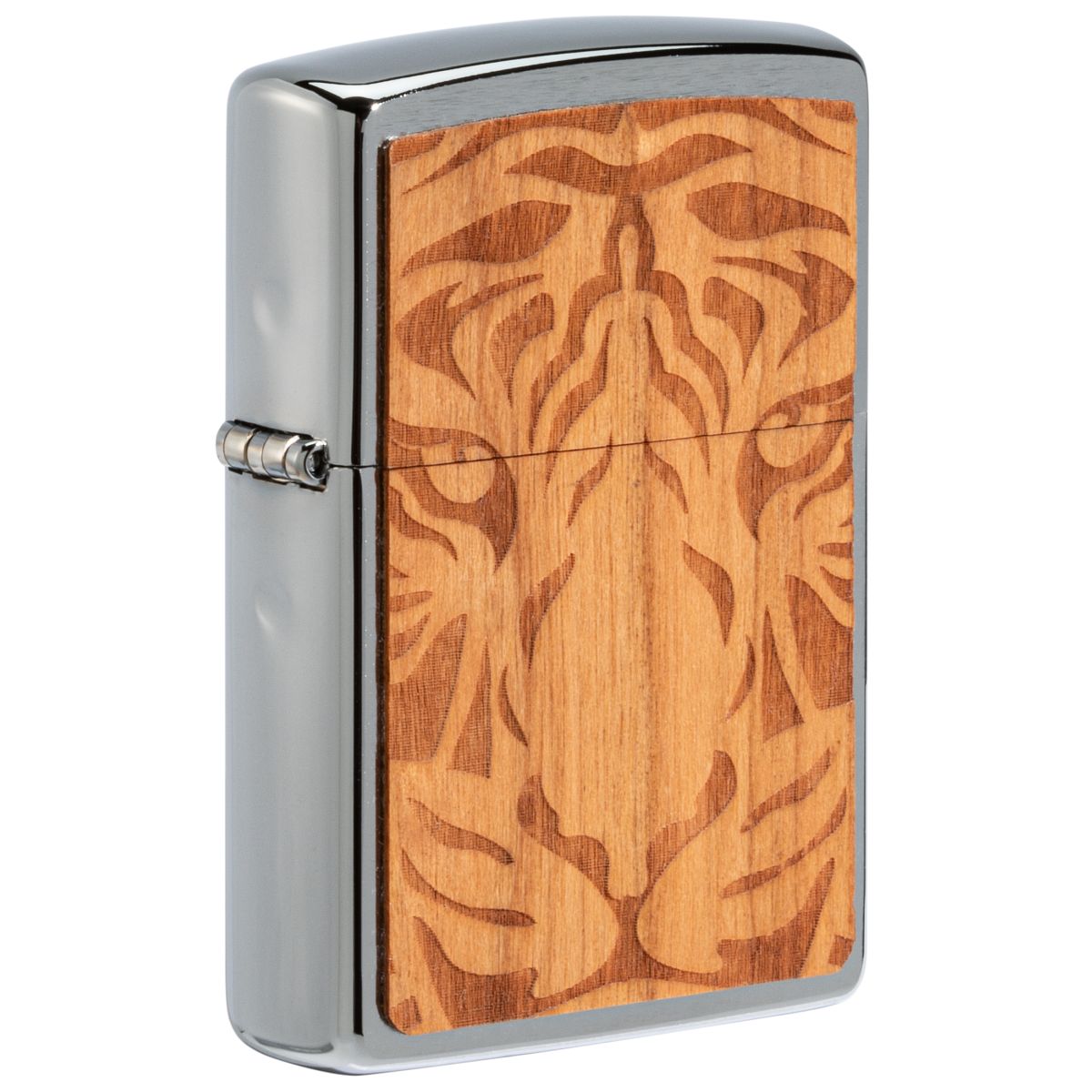 Zippo Lighter: Woodchuck Cherry with Tiger - Brushed Chrome 49707