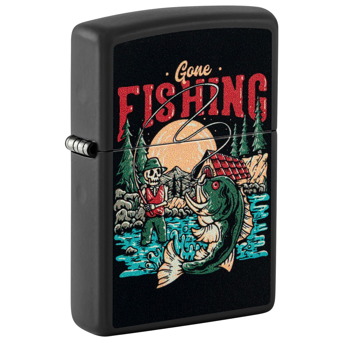 Zippo Lighter: Skull, Gone Fishing - Black Matte 46068