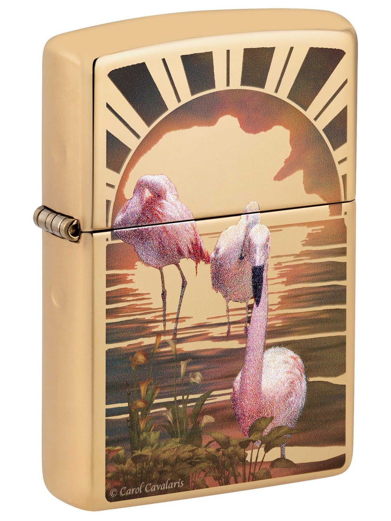 Zippo Lighter: Pink Flamingos by Carol Cavalaris - High Polish Brass 81506
