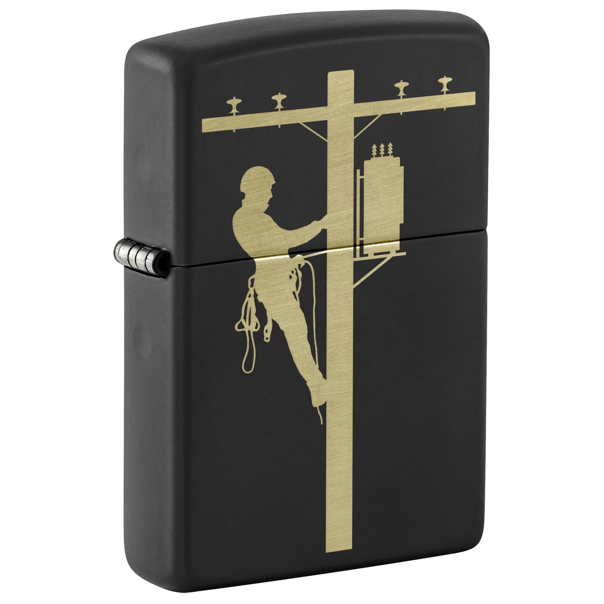 Zippo Lighter: Engraved Lineman - Black Matte 81564
