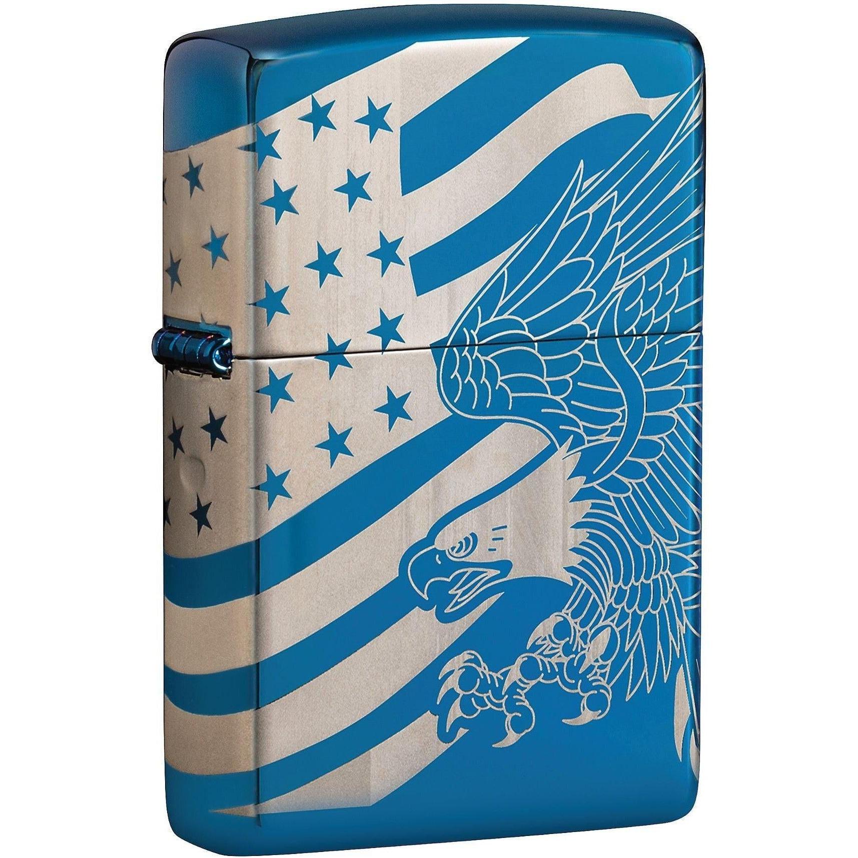Zippo Lighter: Patriotic Eagle and Flag, 360 Laser - High Polish Blue 81615
