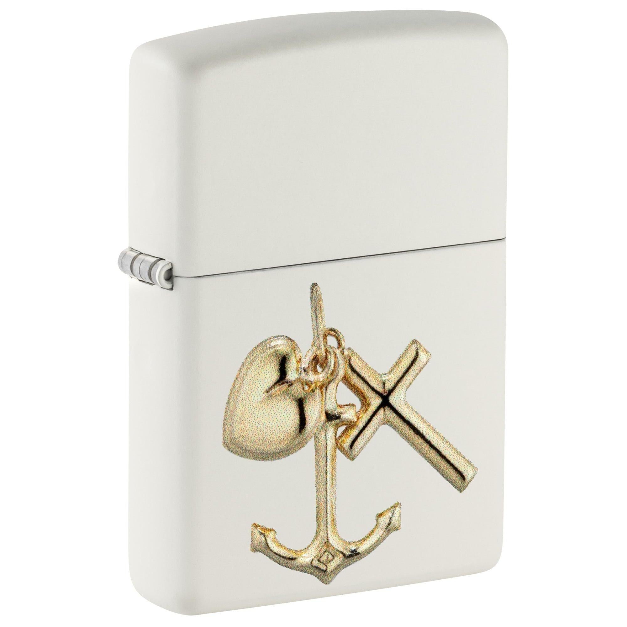 Zippo Lighter: Raised Anchor, Cross, and Heart Emblem - White Matte 81653