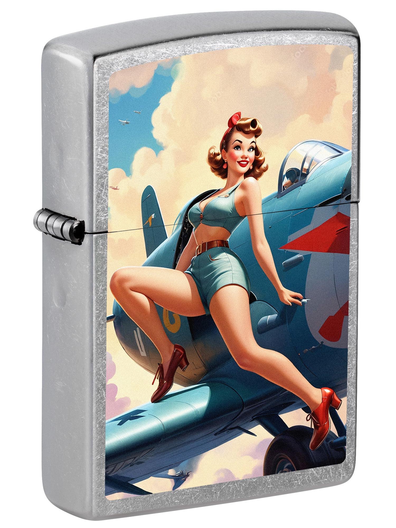 Zippo Lighter: Vintage Pin-up Girl on Airplane - Street Chrome 81677