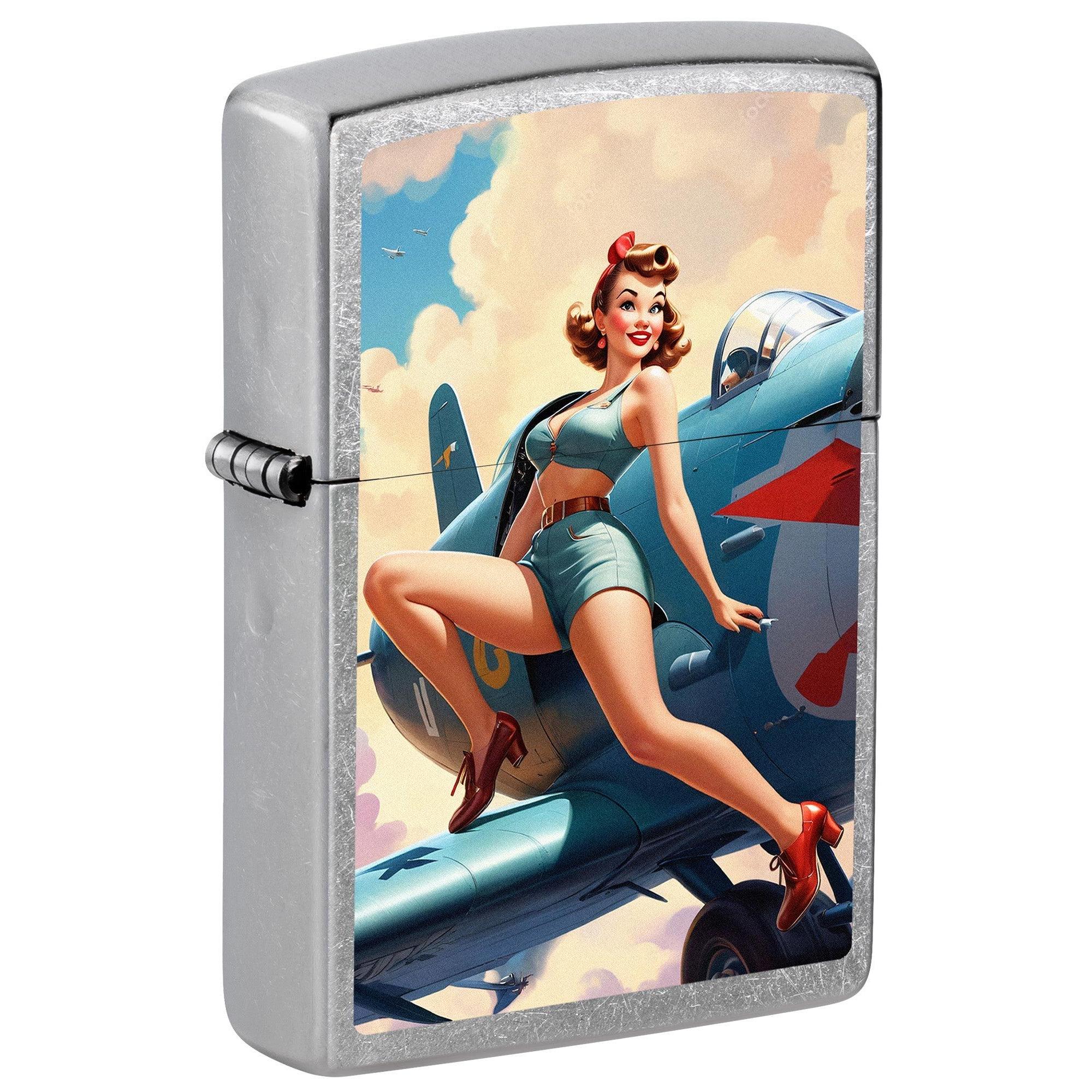 Zippo Lighter: Vintage Pin-up Girl on Airplane - Street Chrome 81677