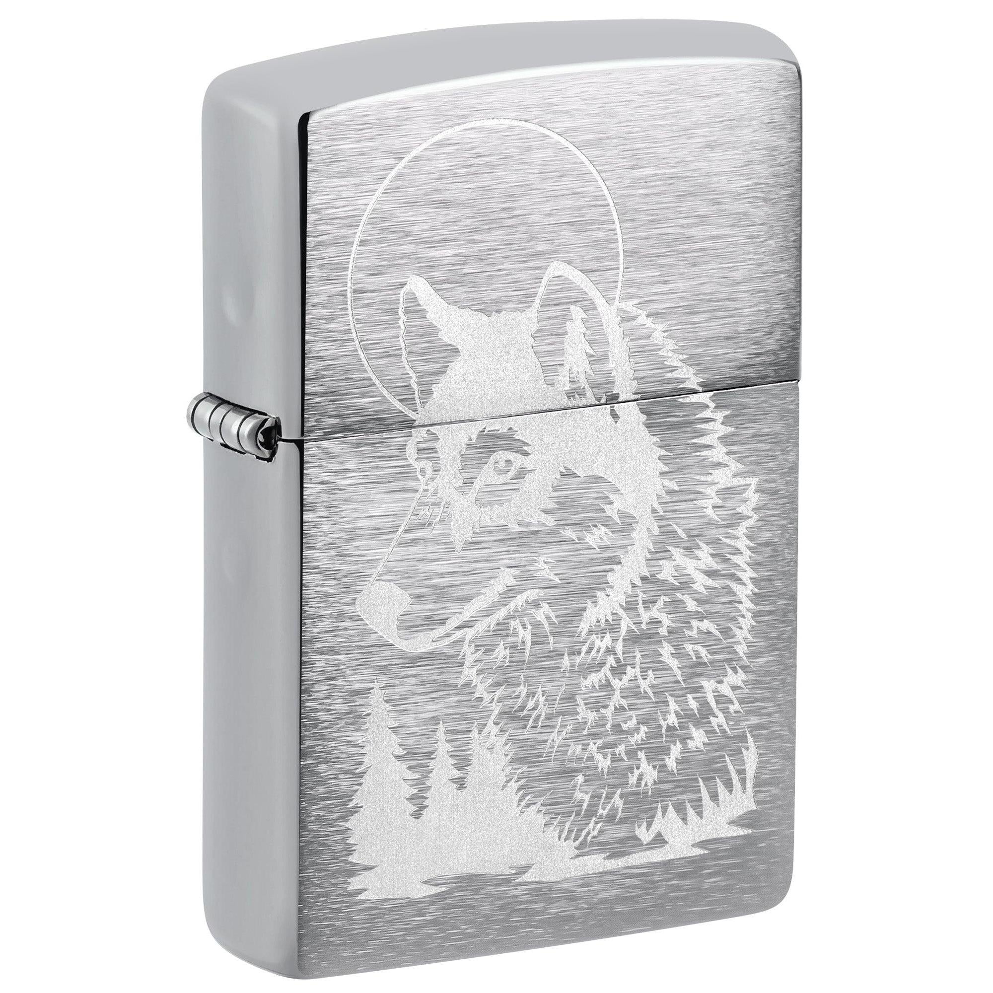 Zippo Lighter: Engraved Wolf with Moon - Brushed Chrome 81695