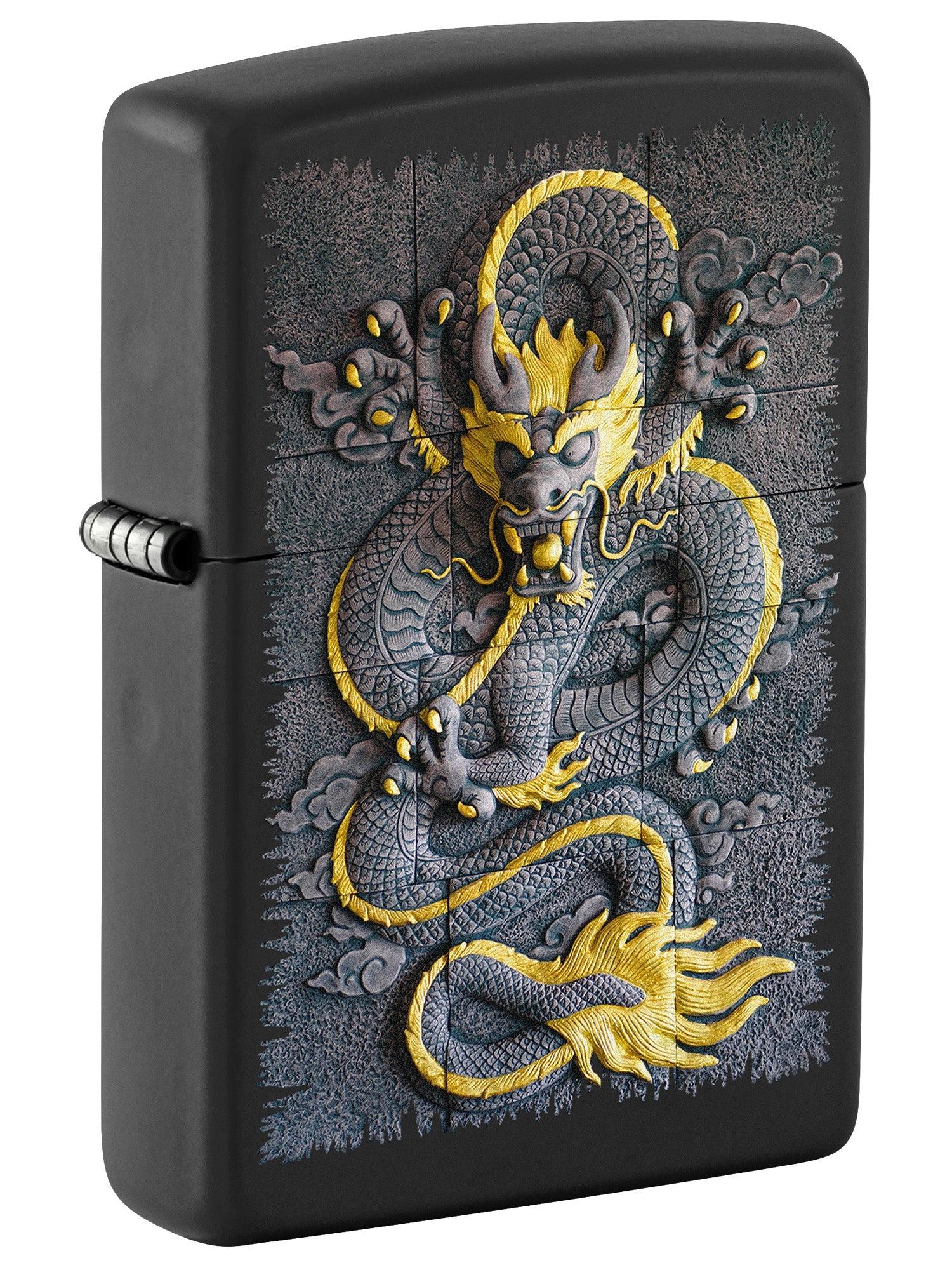 Zippo Lighter: Stone Dragon Design - Black Matte 81713