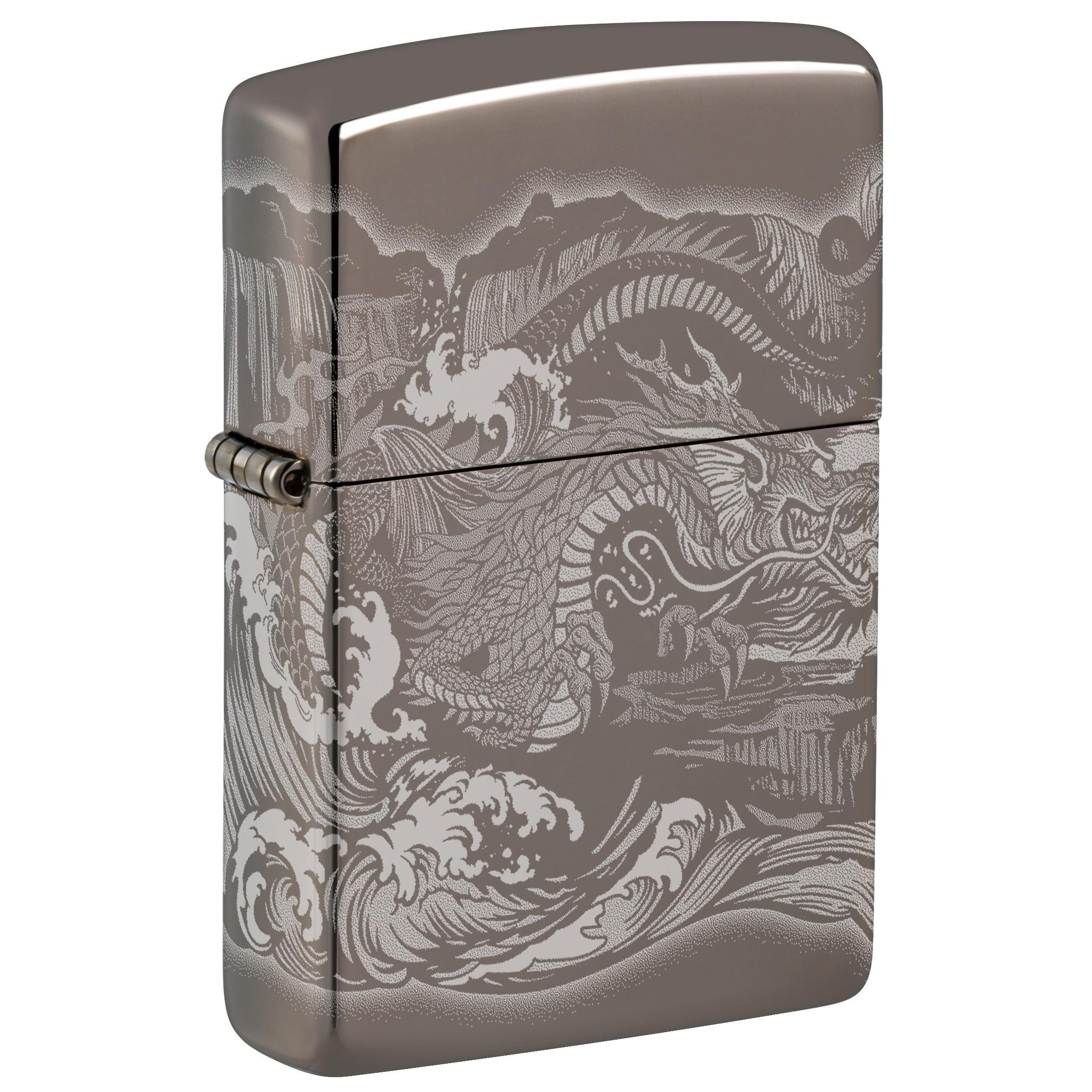 Zippo Lighter: Dragon and Tiger, Engraved 360 - Black Ice 81762