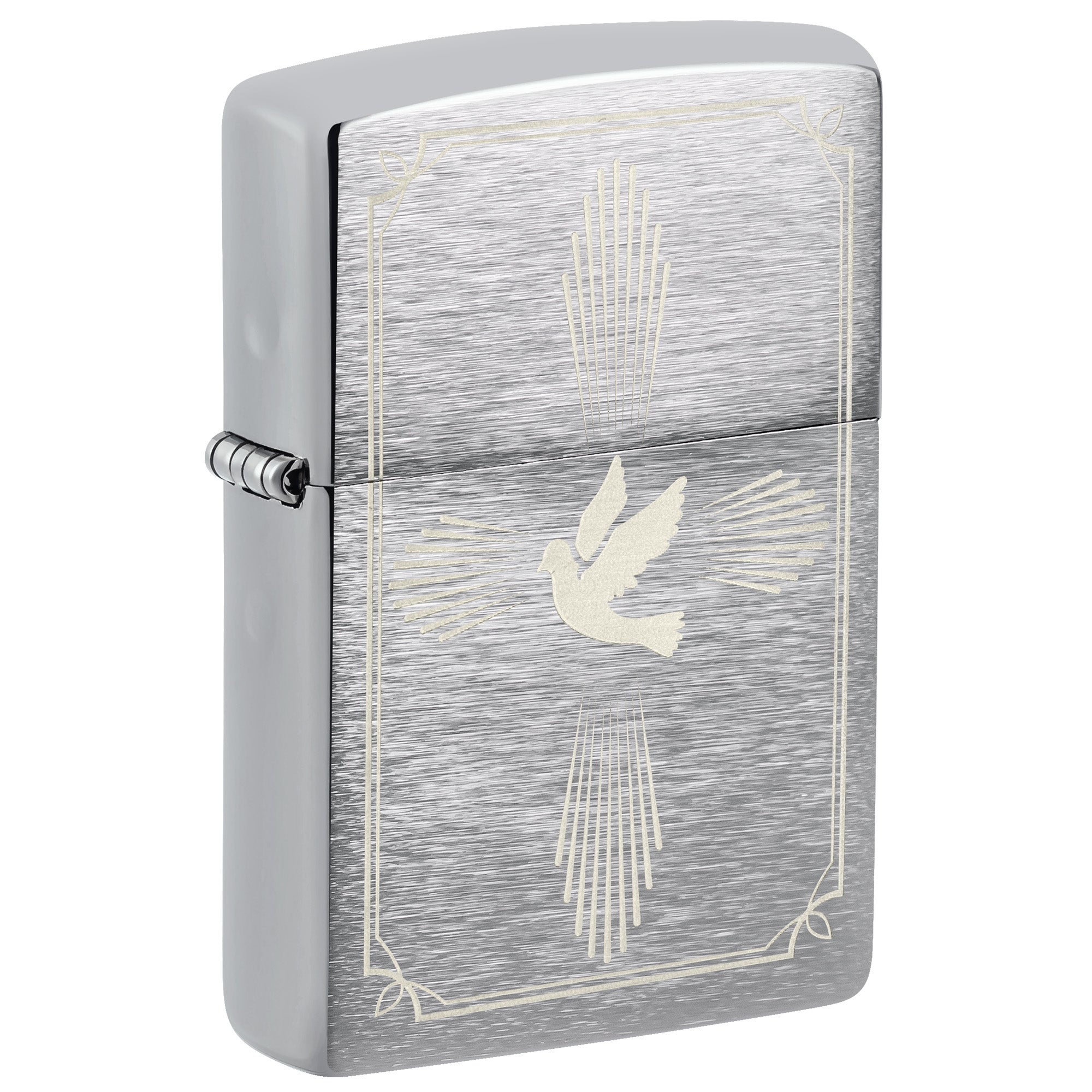 Zippo Lighter: Engraved Dove Design - Brushed Chrome 81798