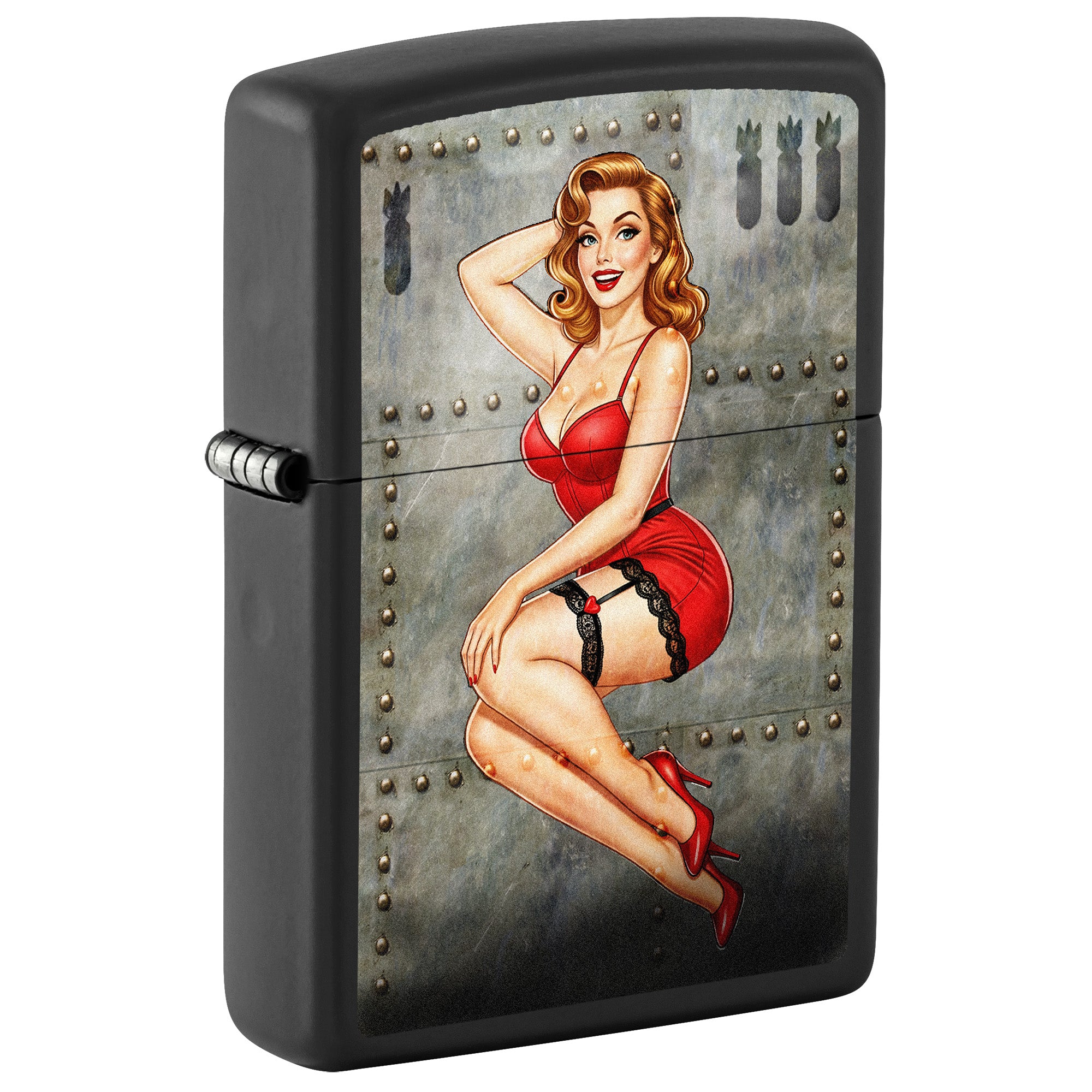 Zippo Lighter: Nose Art Bomb Babe, Pin-up Girl - Black Matte 81810