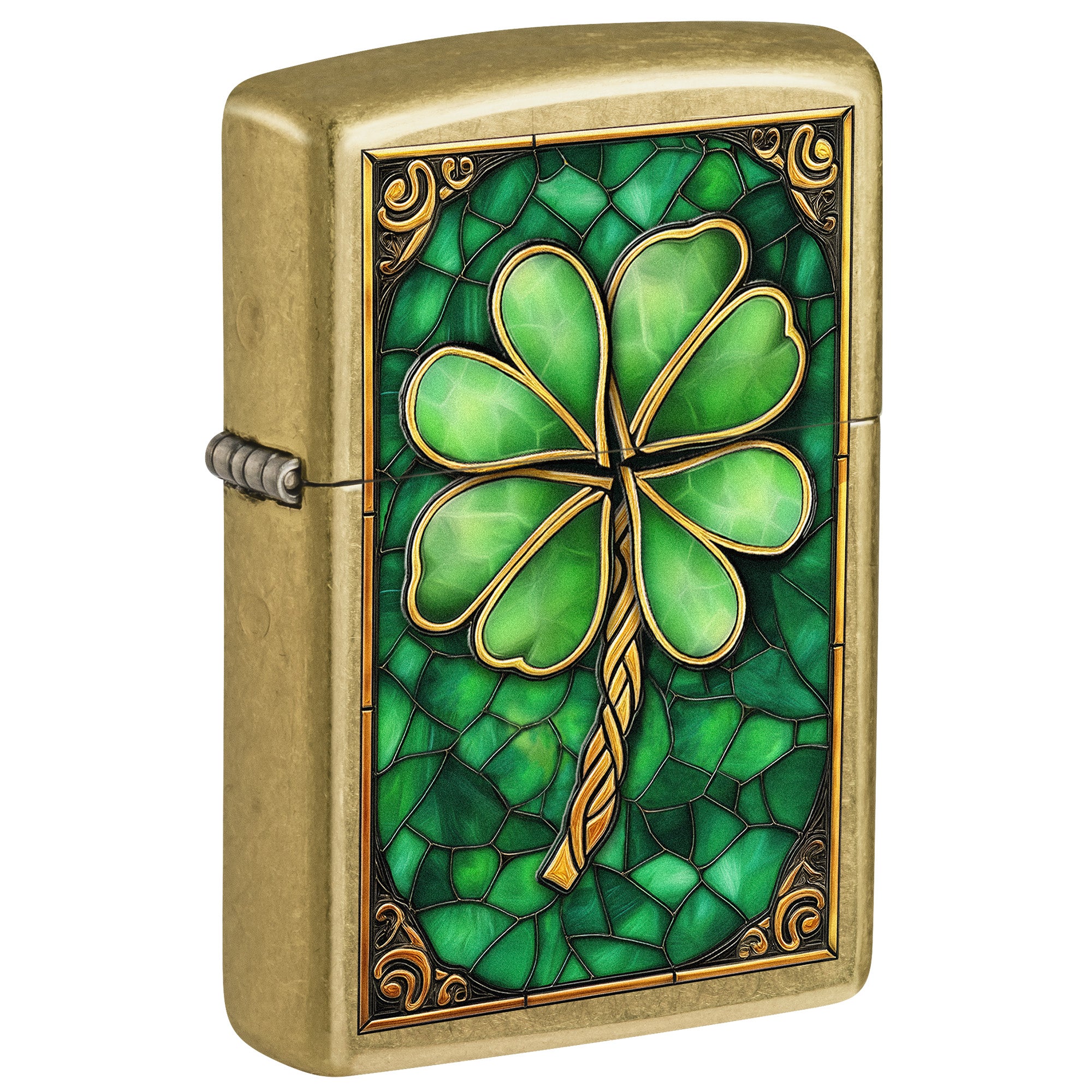 Zippo Lighter: Stained Glass Clover - Street Brass 81818