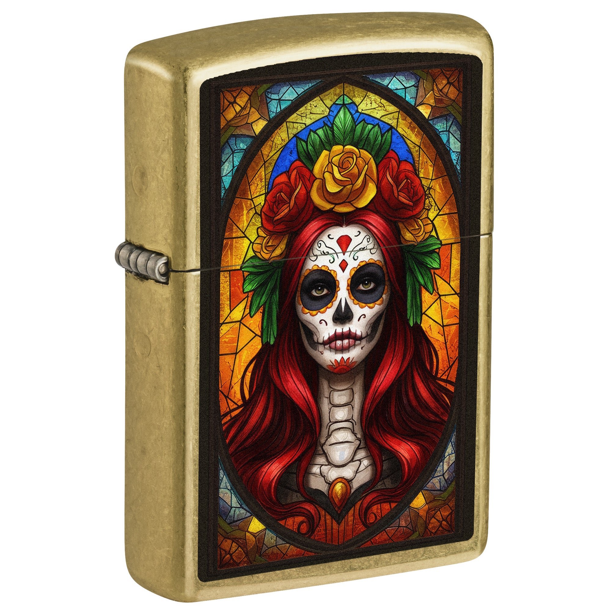 Zippo Lighter: Stained Glass Sugar Skull - Street Brass 81826