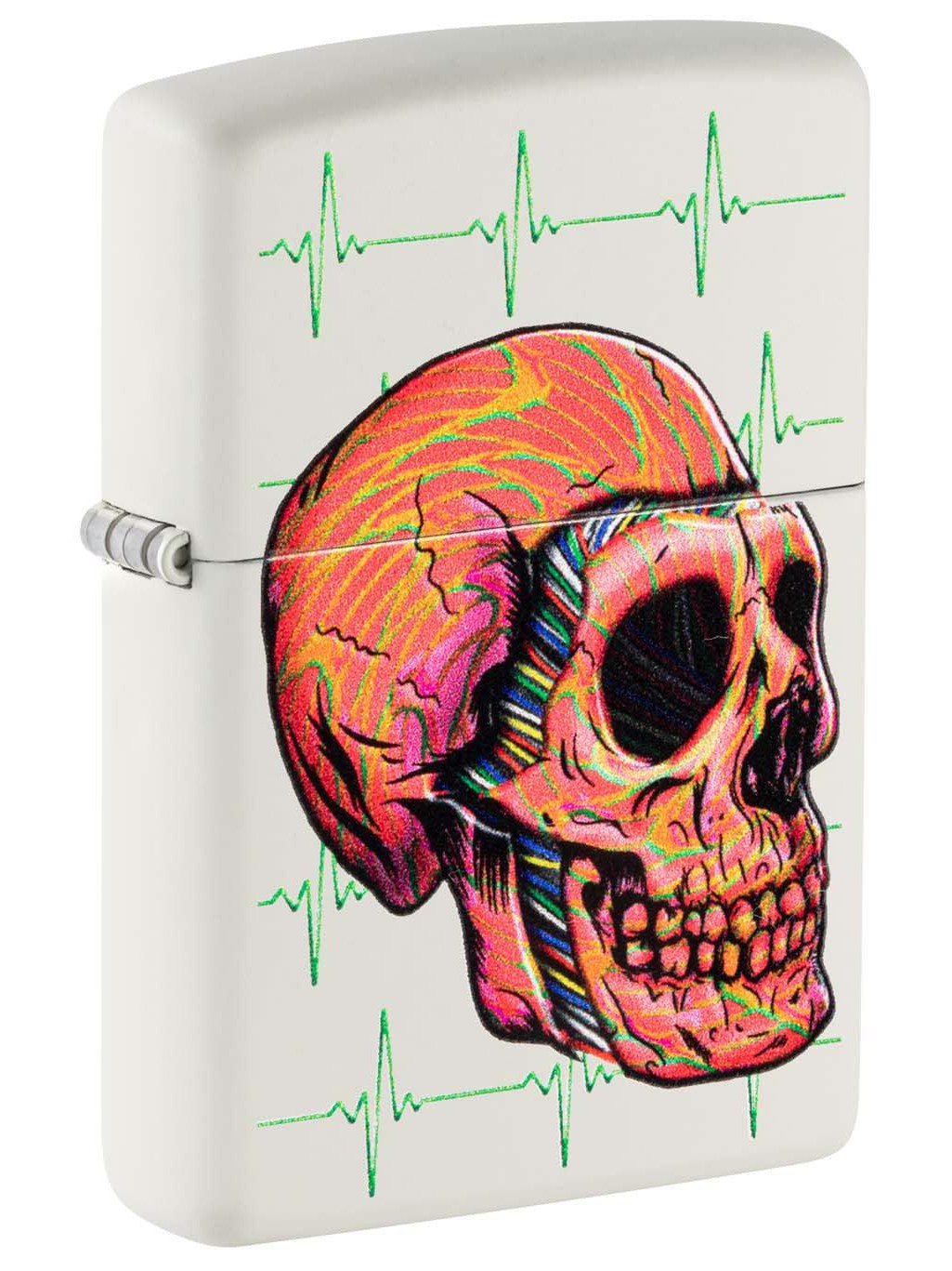 Zippo Lighter: Skull with Heart Rhythms - White Matte 48659