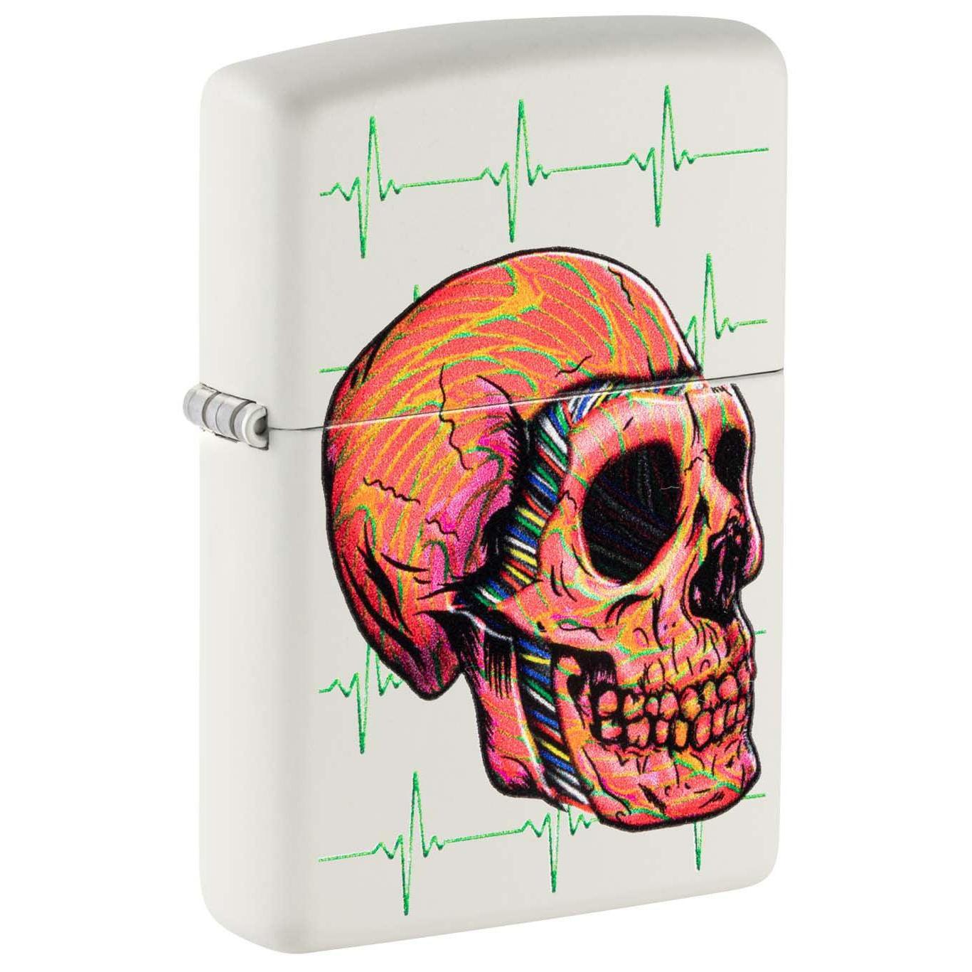 Zippo Lighter: Skull with Heart Rhythms - White Matte 48659