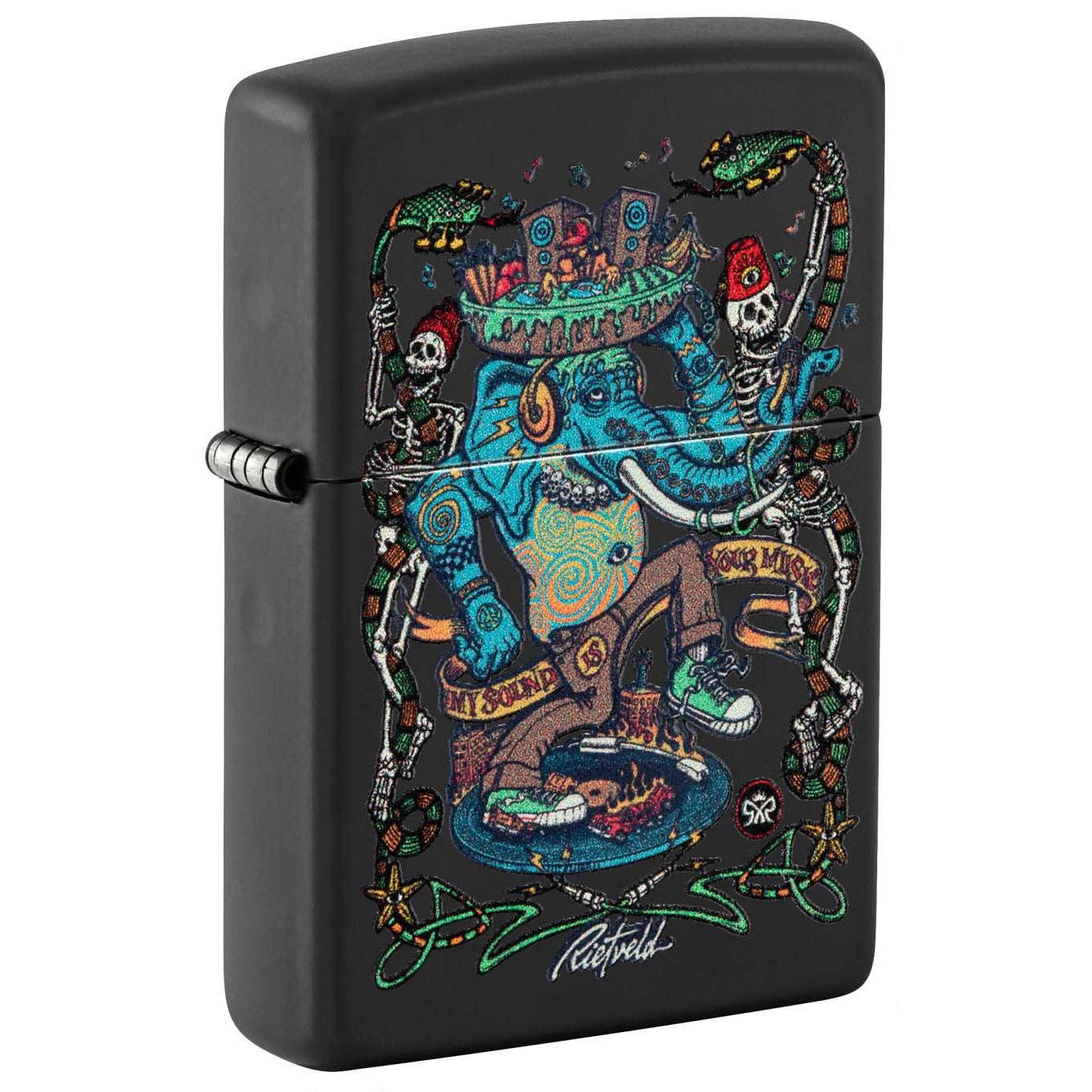 Zippo Lighter: Elephant Noise by Rick Rietveld, Black Light - Black Matte 48673