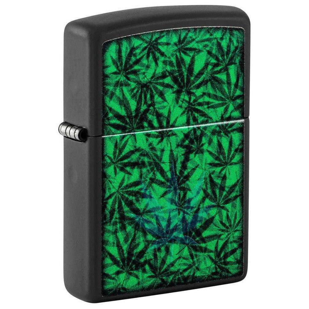 Zippo Lighter: Weed Leaf Pattern, Black Light - Black Matte 48736
