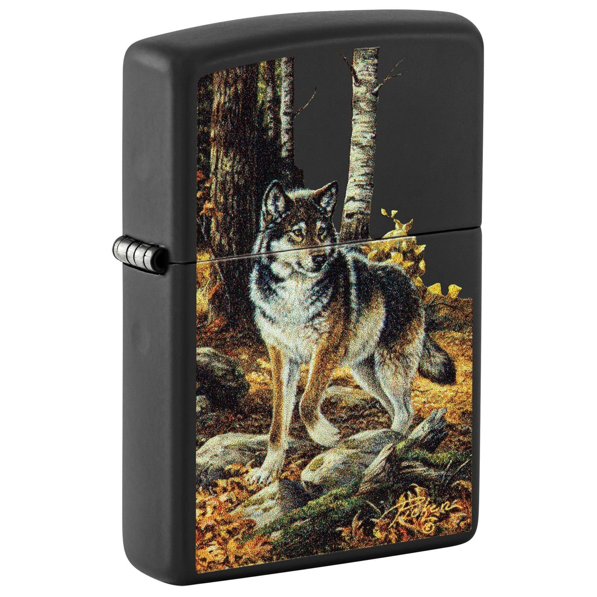 Zippo Lighter: Wolf in Fall Woods by Linda Pickens - Black Matte 48970