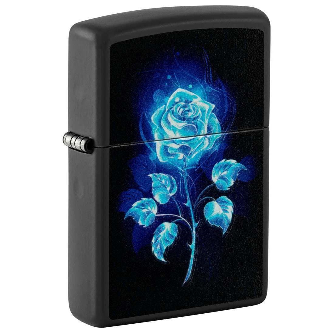 Zippo Lighter: Glowing Rose, Blacklight - Black Matte 81314
