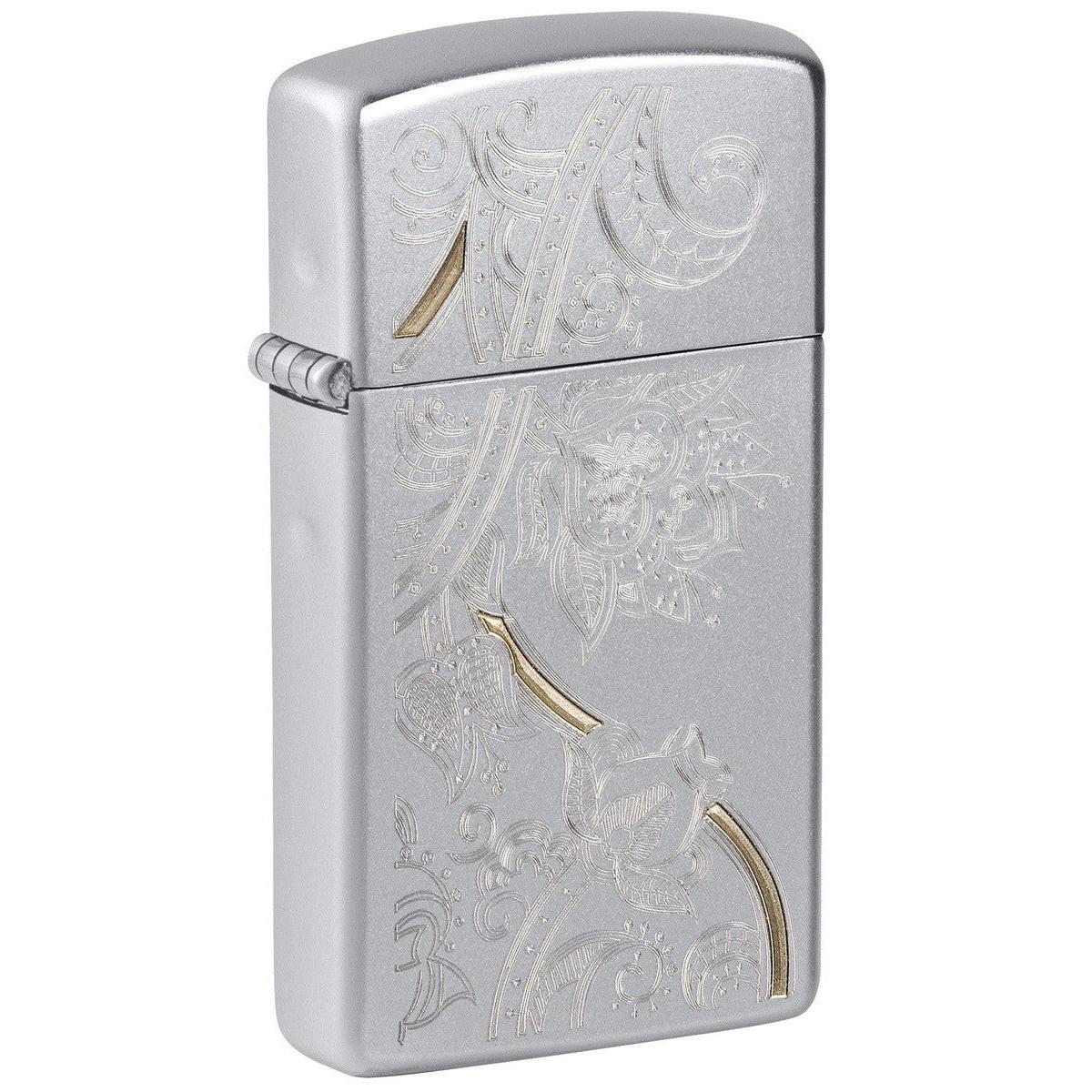 Zippo Lighter: Slim, Engraved Floral Pattern - Satin Chrome 81444