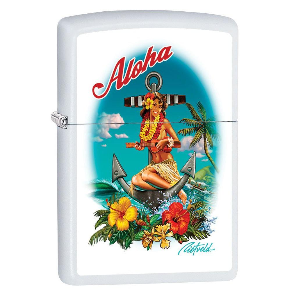 Zippo Lighter: Aloha Hawaiian Girl by Rick Rietveld - White Matte 80937