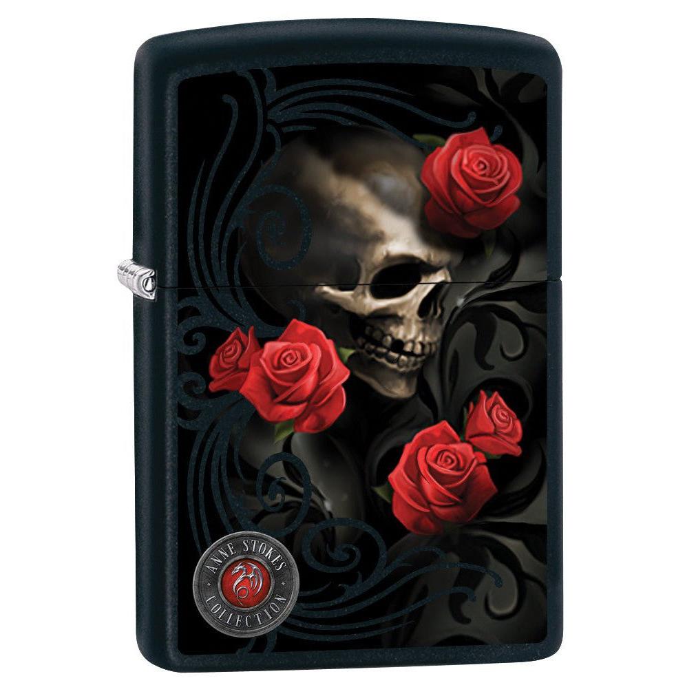 Zippo Lighter: Anne Stokes Skull and Roses - Black Matte 80010