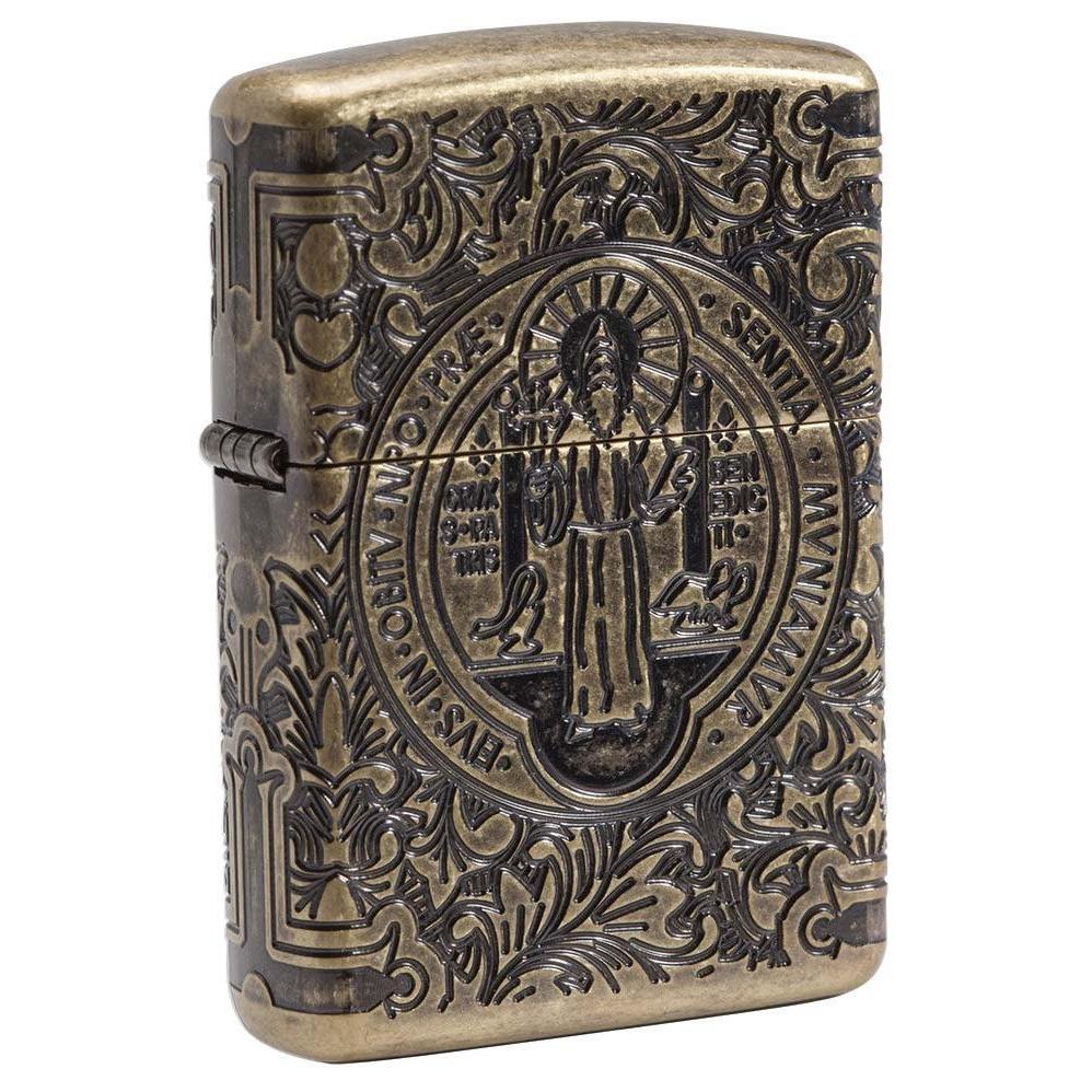 Zippo Lighter: Armor Multicut St. Benedict Medal - Antique Brass 29719