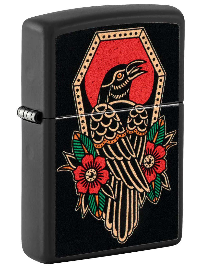 Zippo Lighter: Crow Tattoo Design - Black Matte 48611