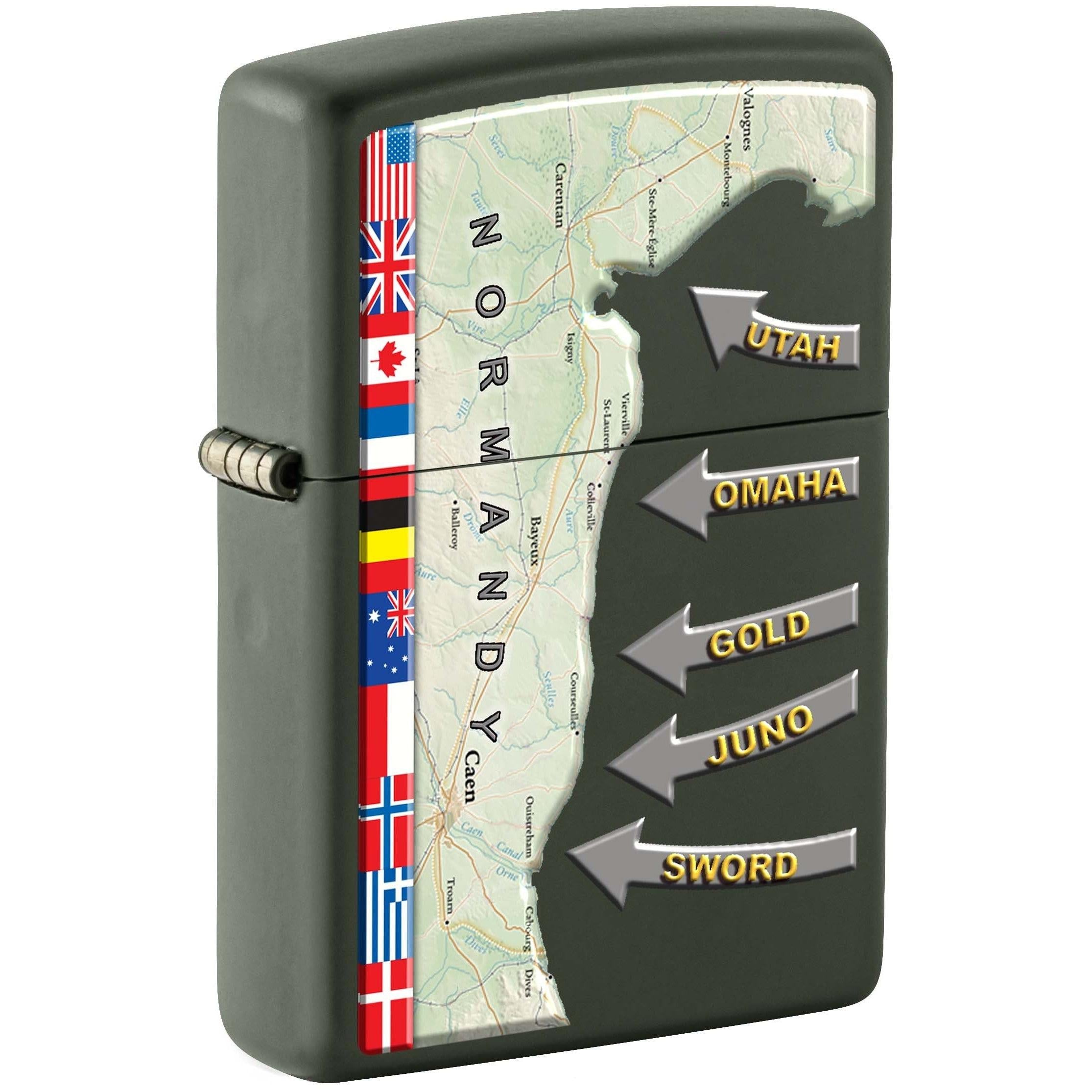 Zippo Lighter: D-Day World War Two Military Map - Green Matte 81140