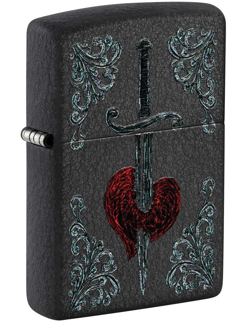 Zippo Lighter: Dagger In Heart - Black Crackle 48617