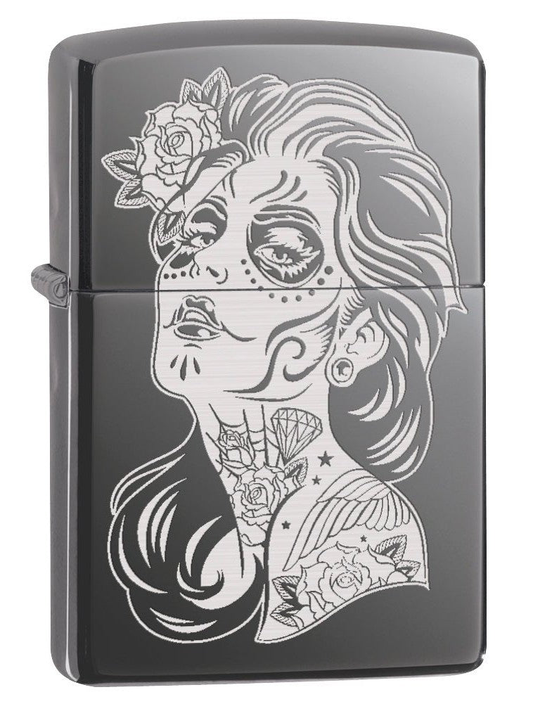 Zippo Lighter: Day of the Dead Girl, Engraved - Black Ice 77667