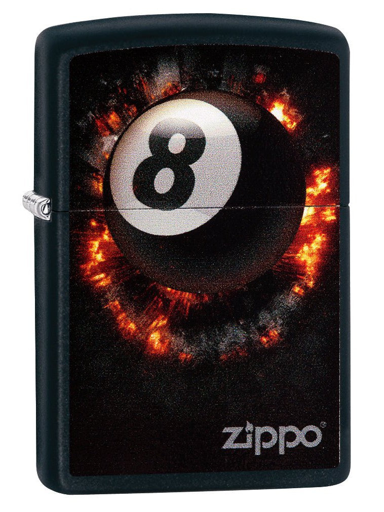 Zippo Lighter: Eight Ball on Fire - Black Matte 79188