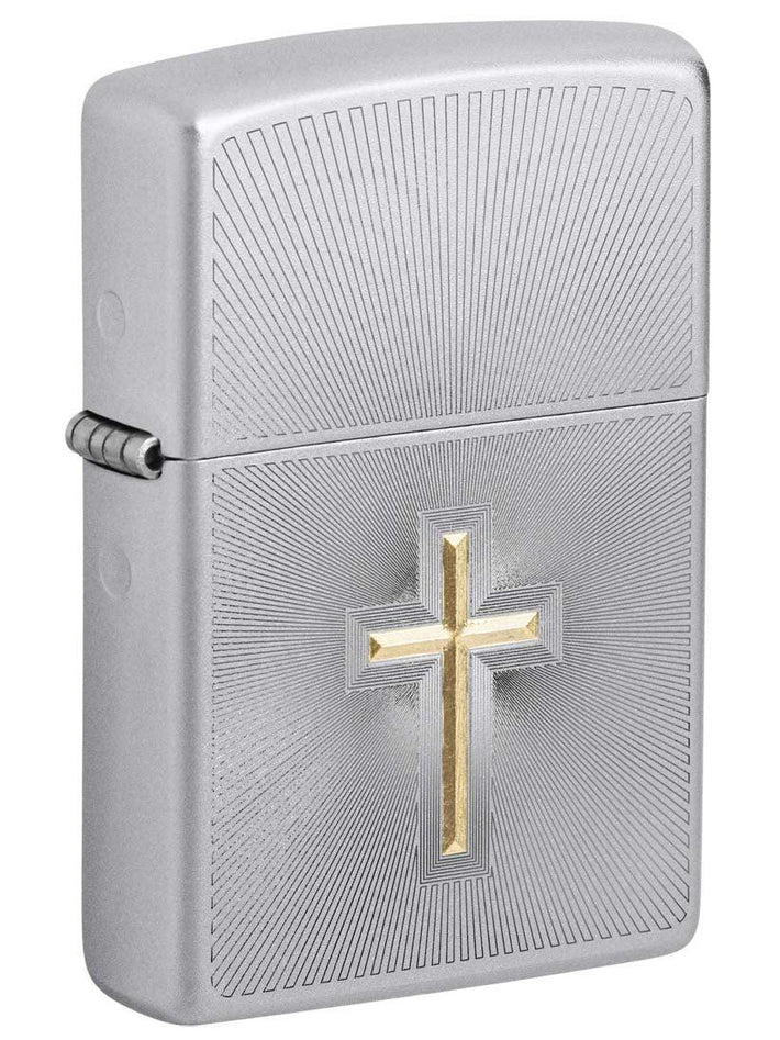 Zippo Lighter: Engraved Cross Design - Satin Chrome 48581